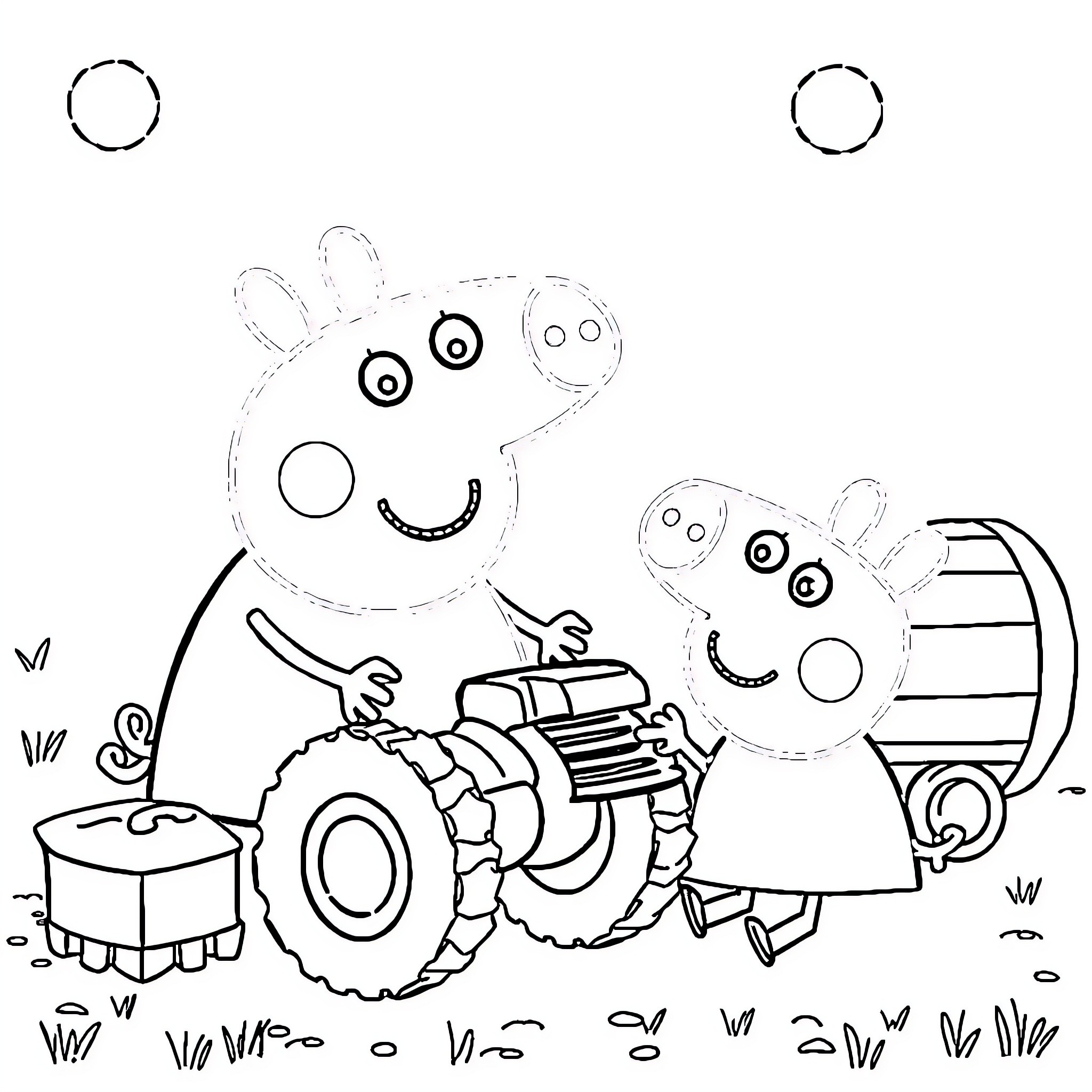 Peppa Pig and George play on a tractor Coloring Page (free black-and-white line drawing printable PDF for all, from beginners to advanced learners, including children, teens, adults, and seniors)