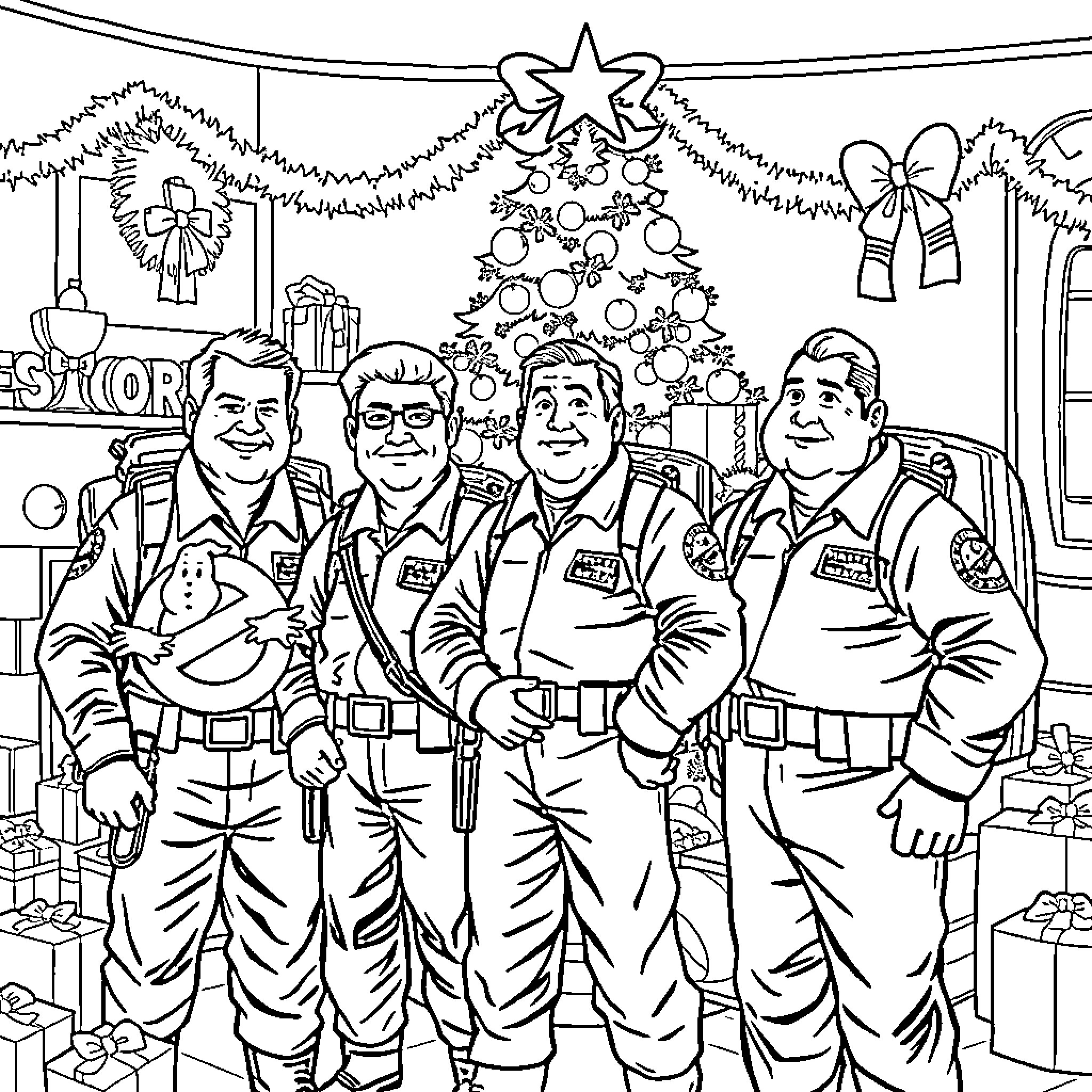 Ghostbusters team celebrating Christmas in their headquarters Coloring Page (free black-and-white line drawing printable PDF for all, from beginners to advanced learners, including children, teens, adults, and seniors)