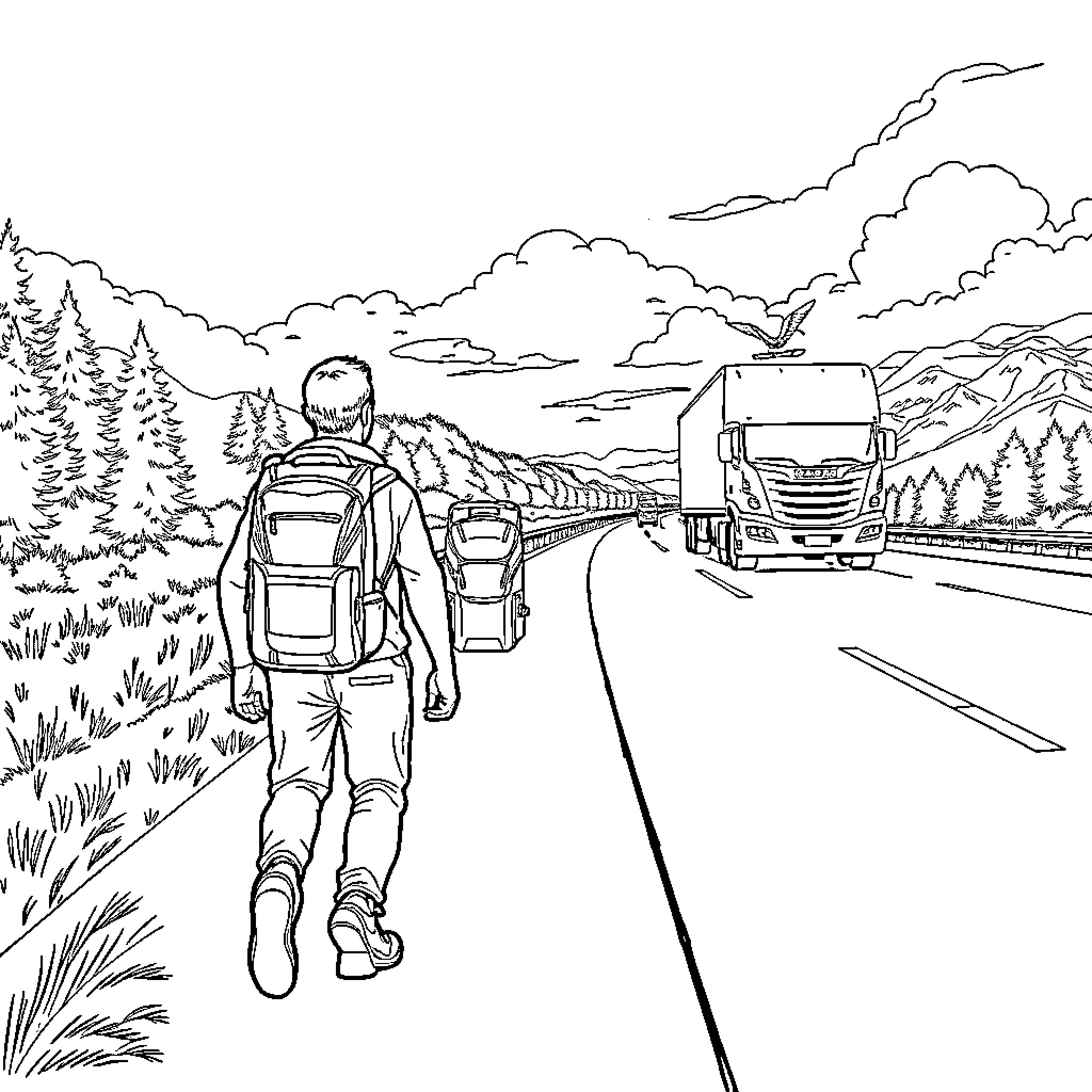 Hiker Trekking Through Scenic Mountain Landscape Coloring Page (free black-and-white line drawing printable PDF for all, from beginners to advanced learners, including children, teens, adults, and seniors)