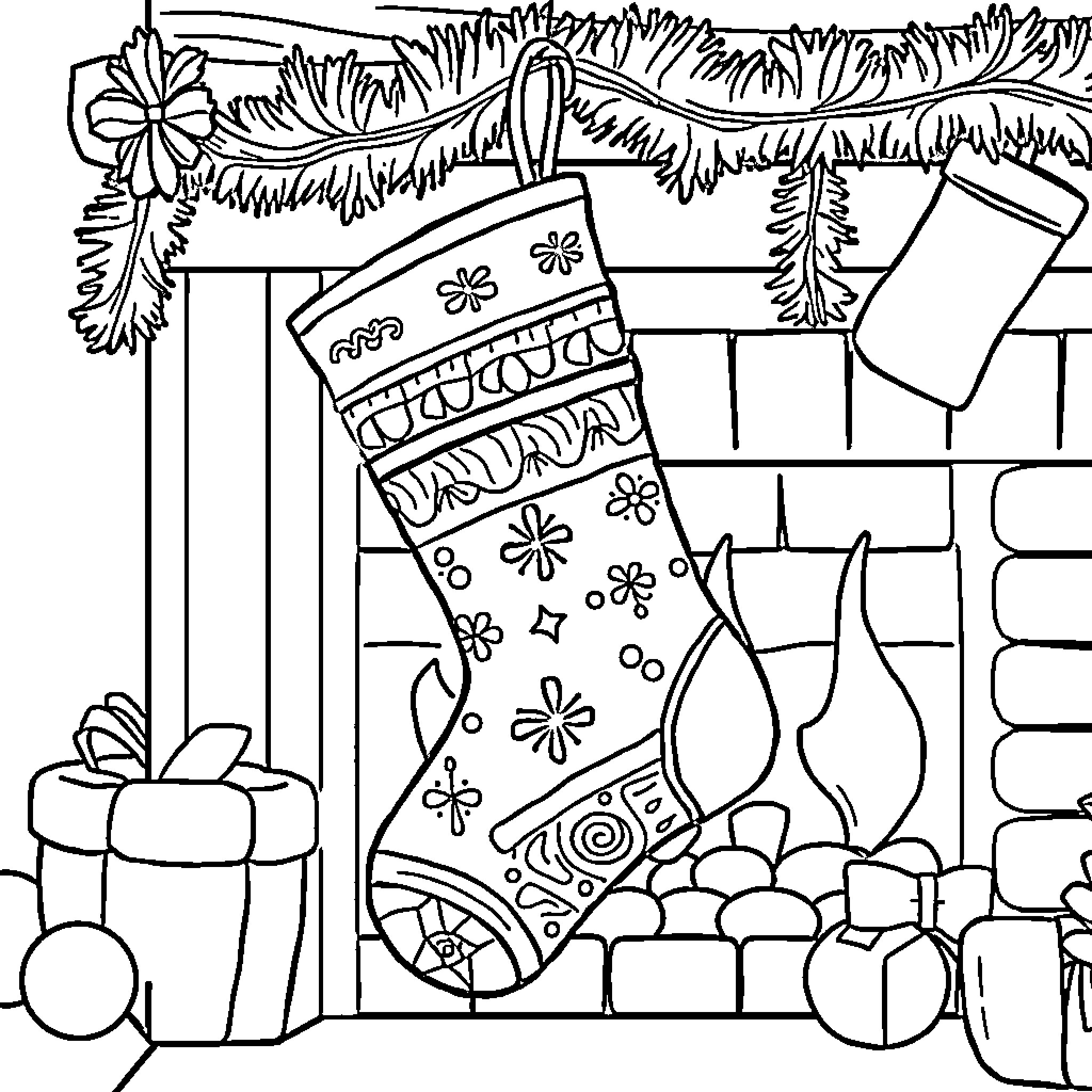 Christmas Stocking with Ornate Designs Coloring Page (free black-and-white line drawing printable PDF for all, from beginners to advanced learners, including children, teens, adults, and seniors)
