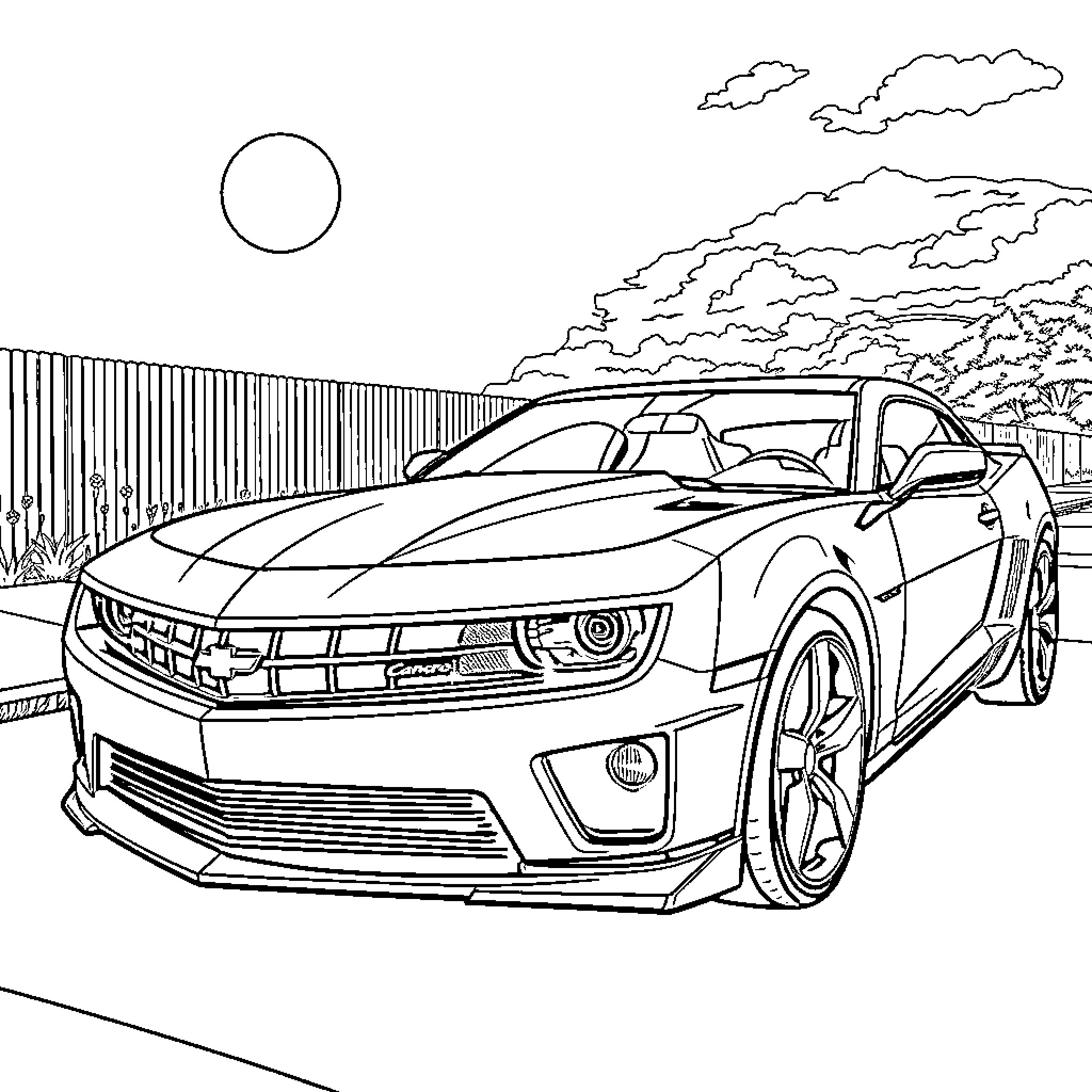 Camaro in scenic outdoor landscape Coloring Page (free black-and-white line drawing printable PDF for all, from beginners to advanced learners, including children, teens, adults, and seniors)
