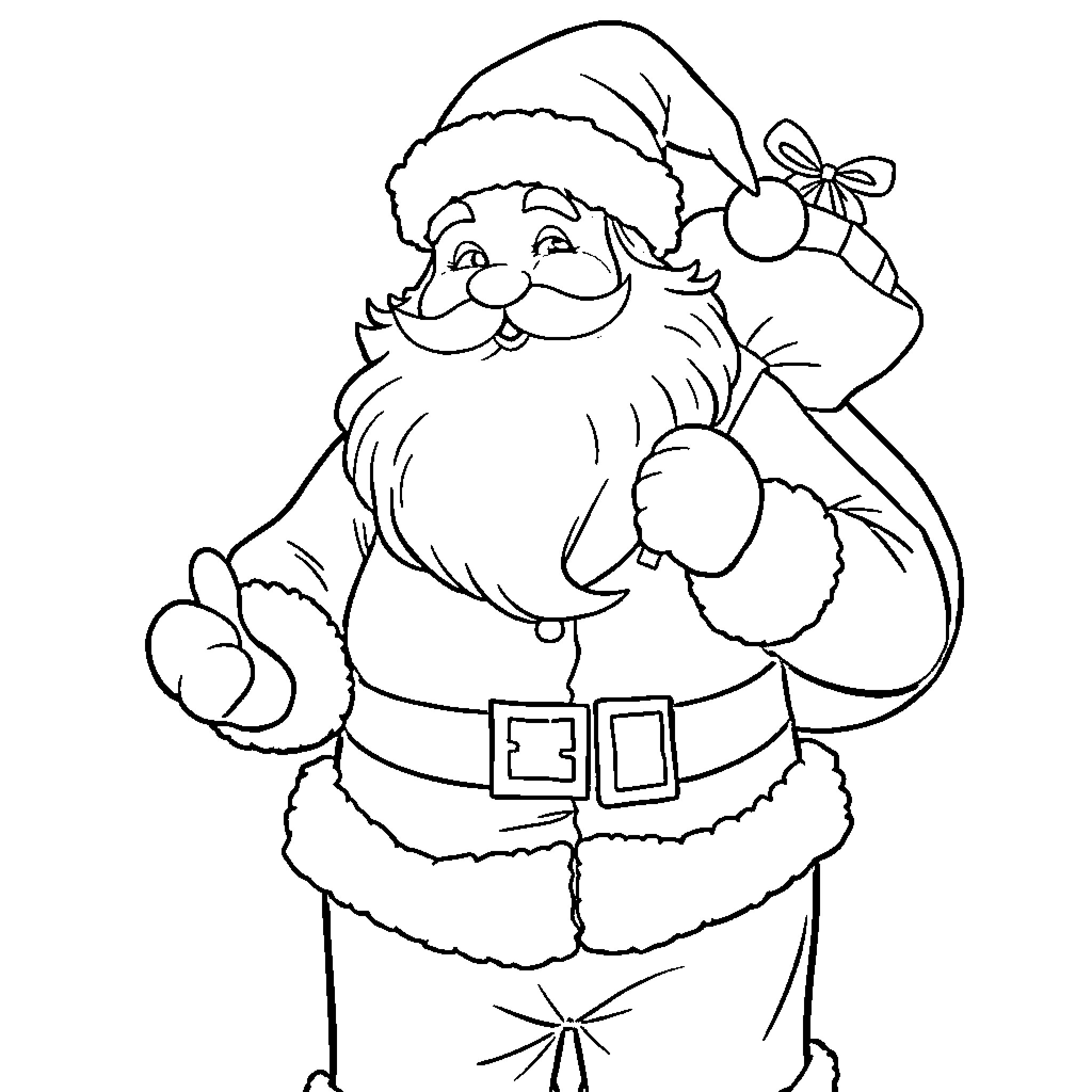 Santa Claus waving and holding a gift Coloring Page (free black-and-white line drawing printable PDF for all, from beginners to advanced learners, including children, teens, adults, and seniors)