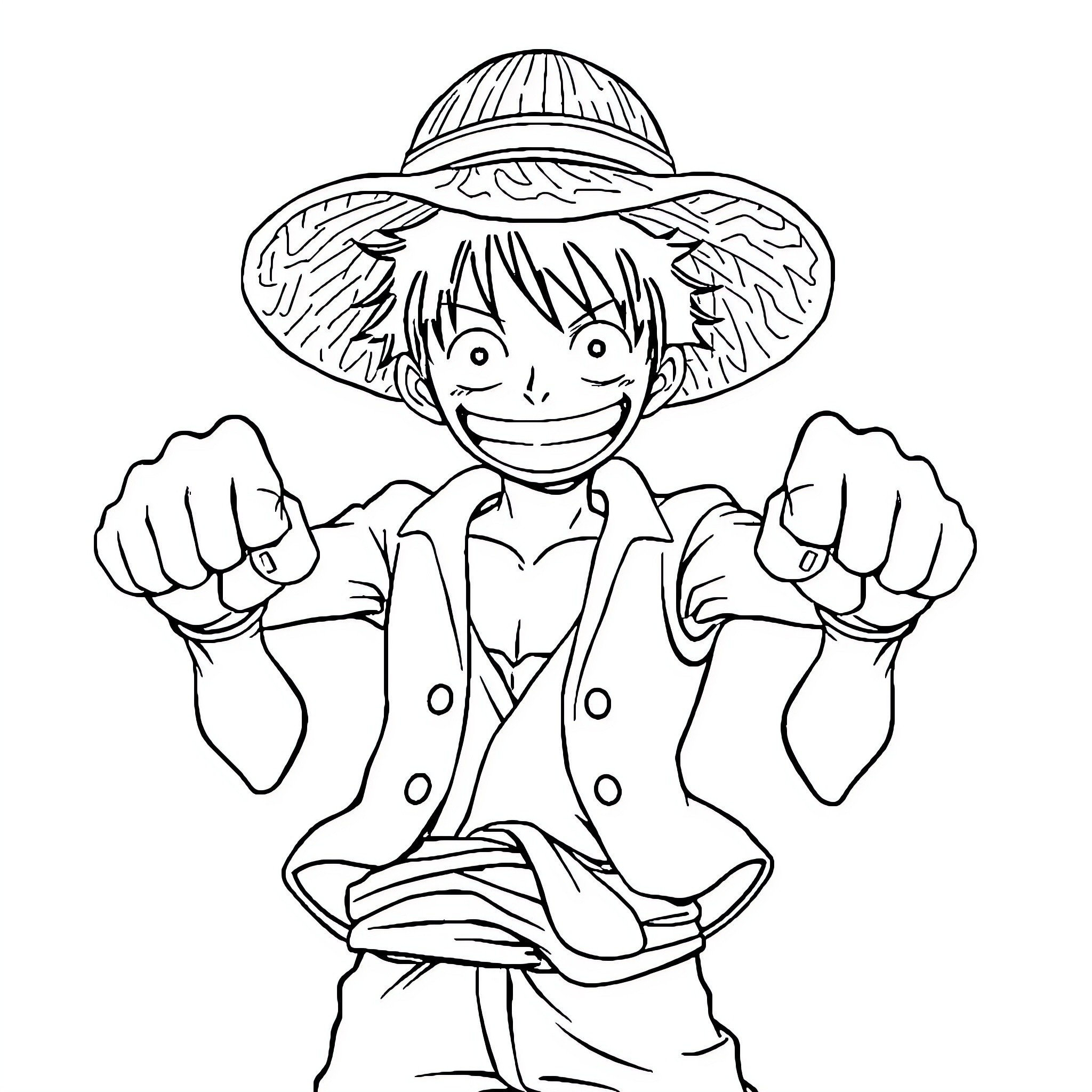 Monkey D Luffy in adventurous pose Coloring Page (free black-and-white line drawing printable PDF for all, from beginners to advanced learners, including children, teens, adults, and seniors)