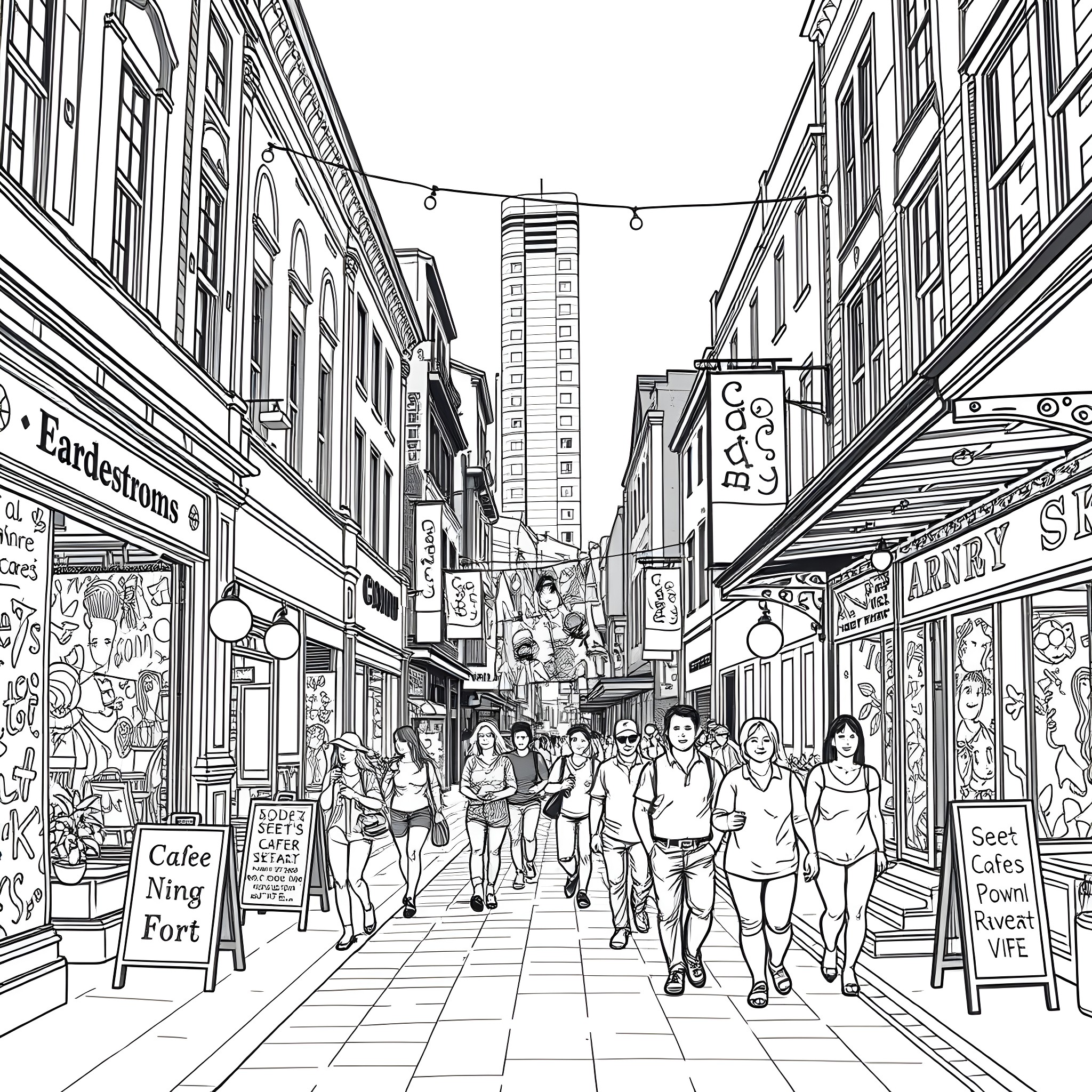 King Street bustling with lively crowd and shops Coloring Page (free black-and-white line drawing printable PDF for all, from beginners to advanced learners, including children, teens, adults, and seniors)