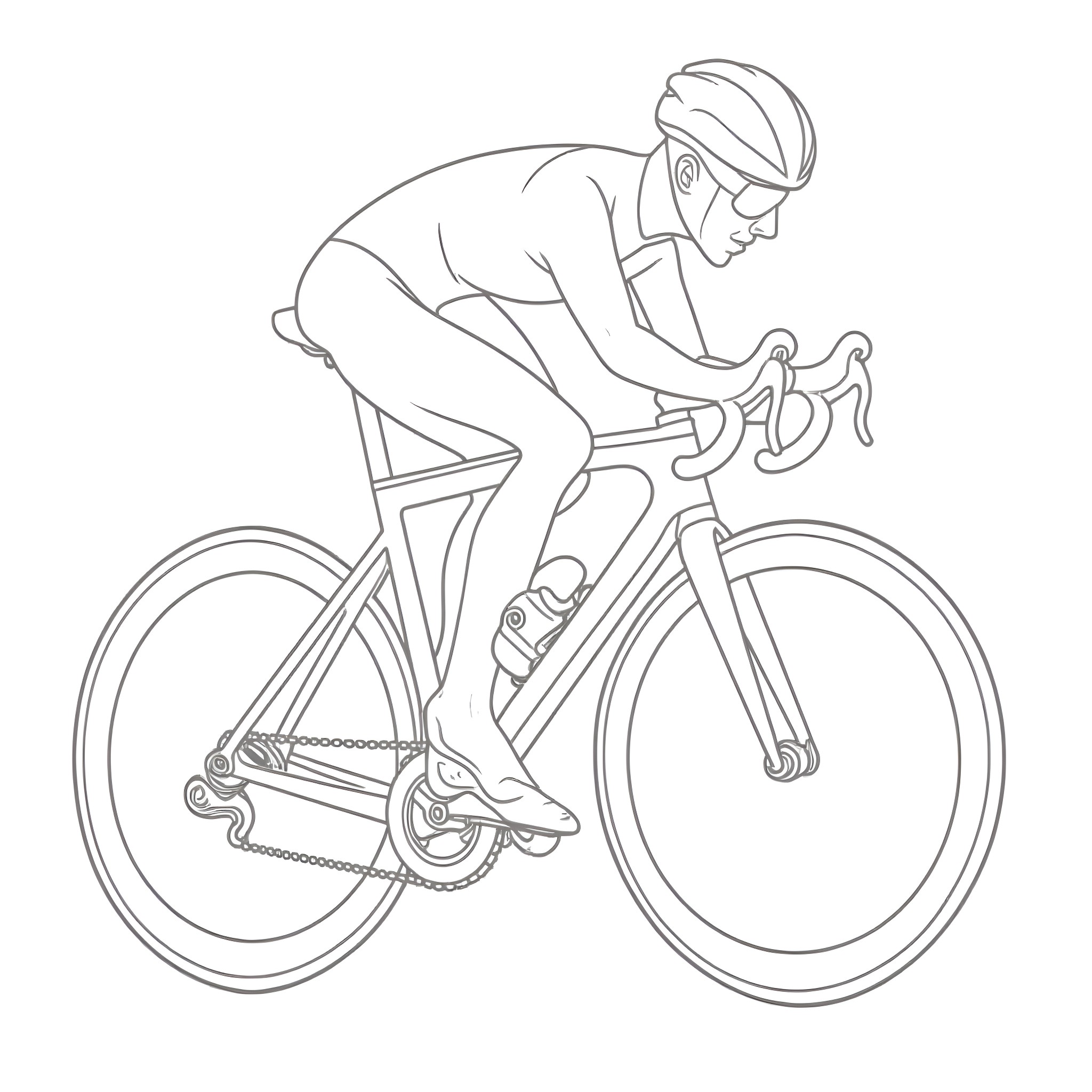 Bike rider in action on road Coloring Page (free black-and-white line drawing printable PDF for all, from beginners to advanced learners, including children, teens, adults, and seniors)