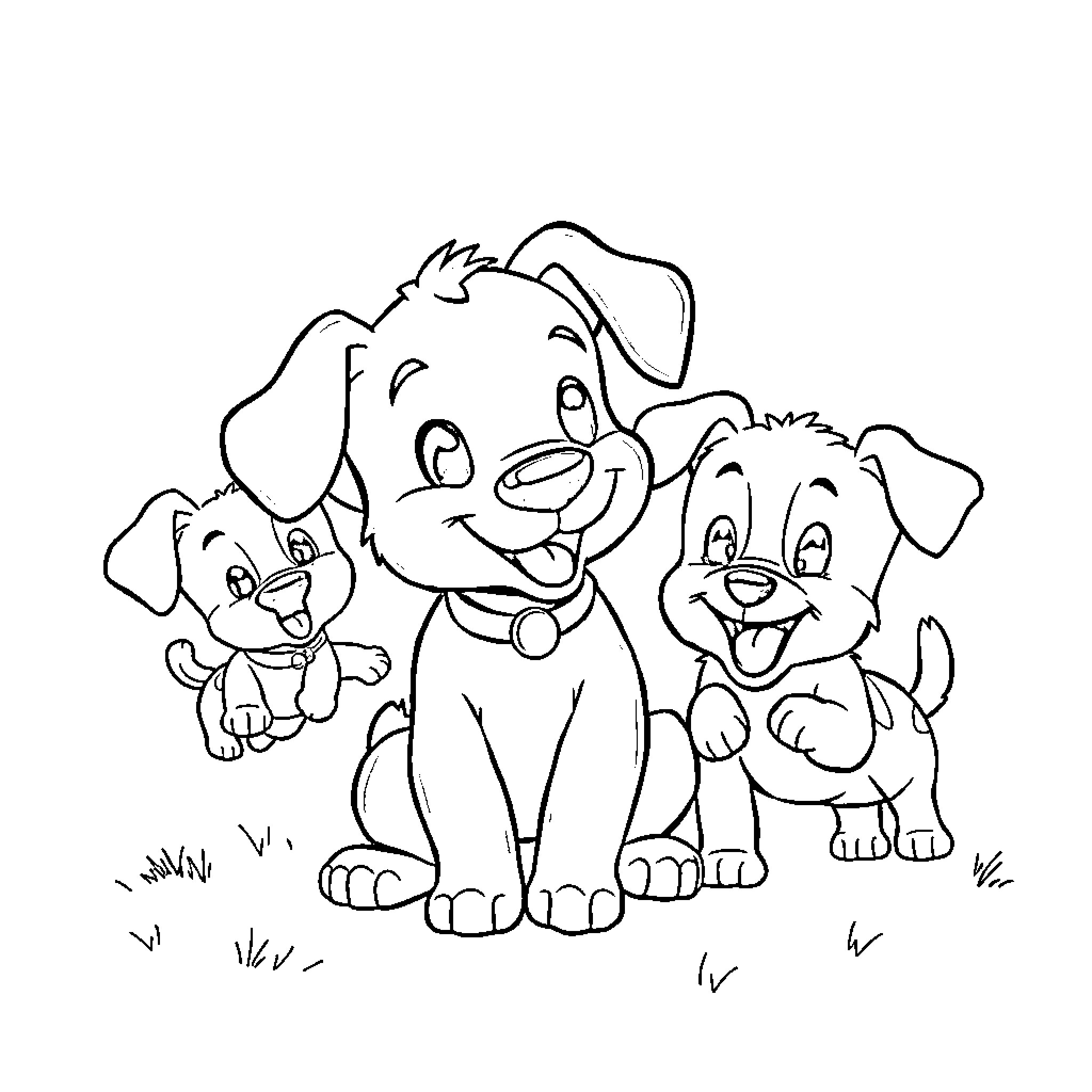 Bluey and Puppy Friends Playing Together Coloring Page (free black-and-white line drawing printable PDF for all, from beginners to advanced learners, including children, teens, adults, and seniors)