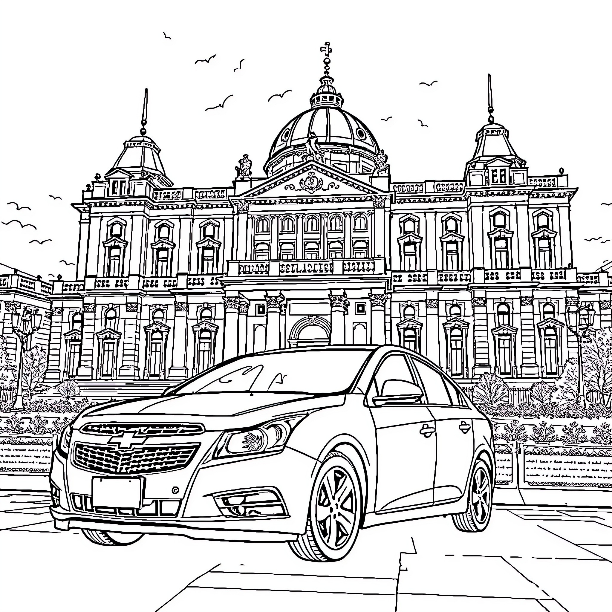 Chevrolet vehicle in front of historic building Coloring Page (free black-and-white line drawing printable PDF for all, from beginners to advanced learners, including children, teens, adults, and seniors)