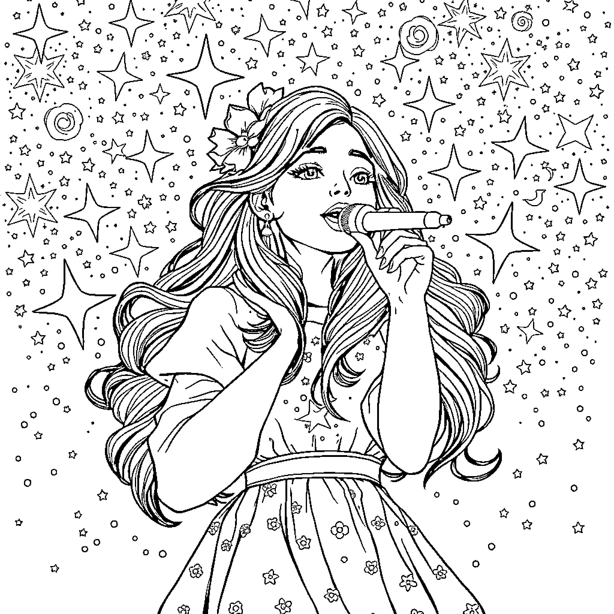 Rose singing amidst a sparkling night sky Coloring Page (free black-and-white line drawing printable PDF for all, from beginners to advanced learners, including children, teens, adults, and seniors)