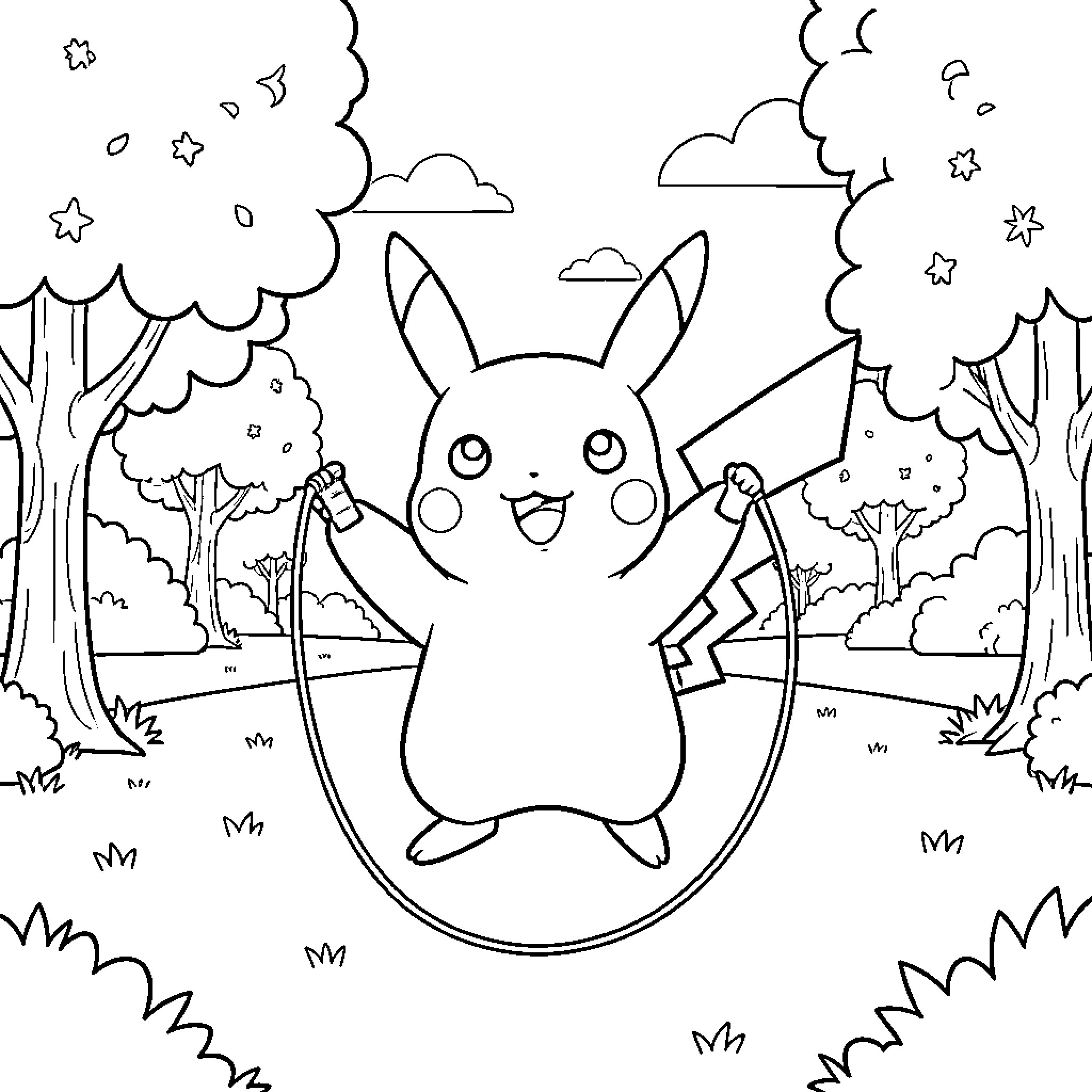Pikachu jumping joyfully while playing with a jump rope Coloring Page (free black-and-white line drawing printable PDF for all, from beginners to advanced learners, including children, teens, adults, and seniors)