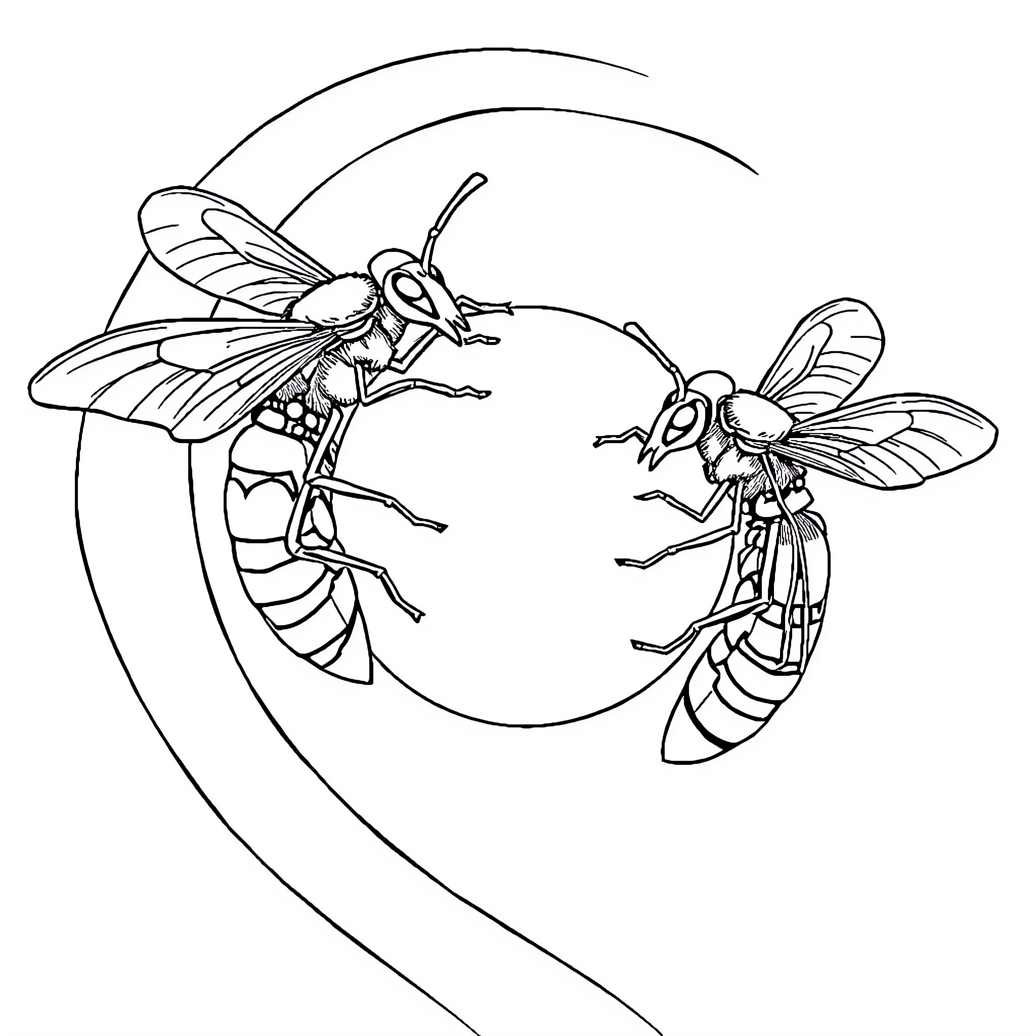 Ant Flies Soaring Through Stylized Arches Coloring Page (free black-and-white line drawing printable PDF for all, from beginners to advanced learners, including children, teens, adults, and seniors)