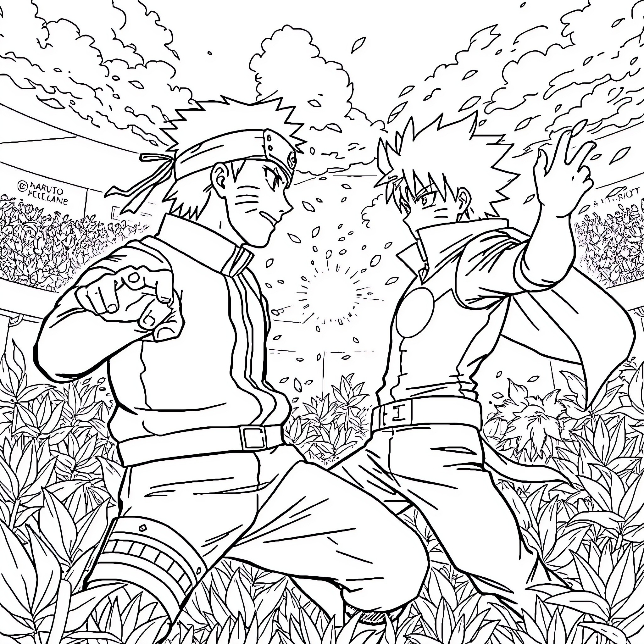 Naruto and Sasuke's Intense Ninja Battle Coloring Page (free black-and-white line drawing printable PDF for all, from beginners to advanced learners, including children, teens, adults, and seniors)