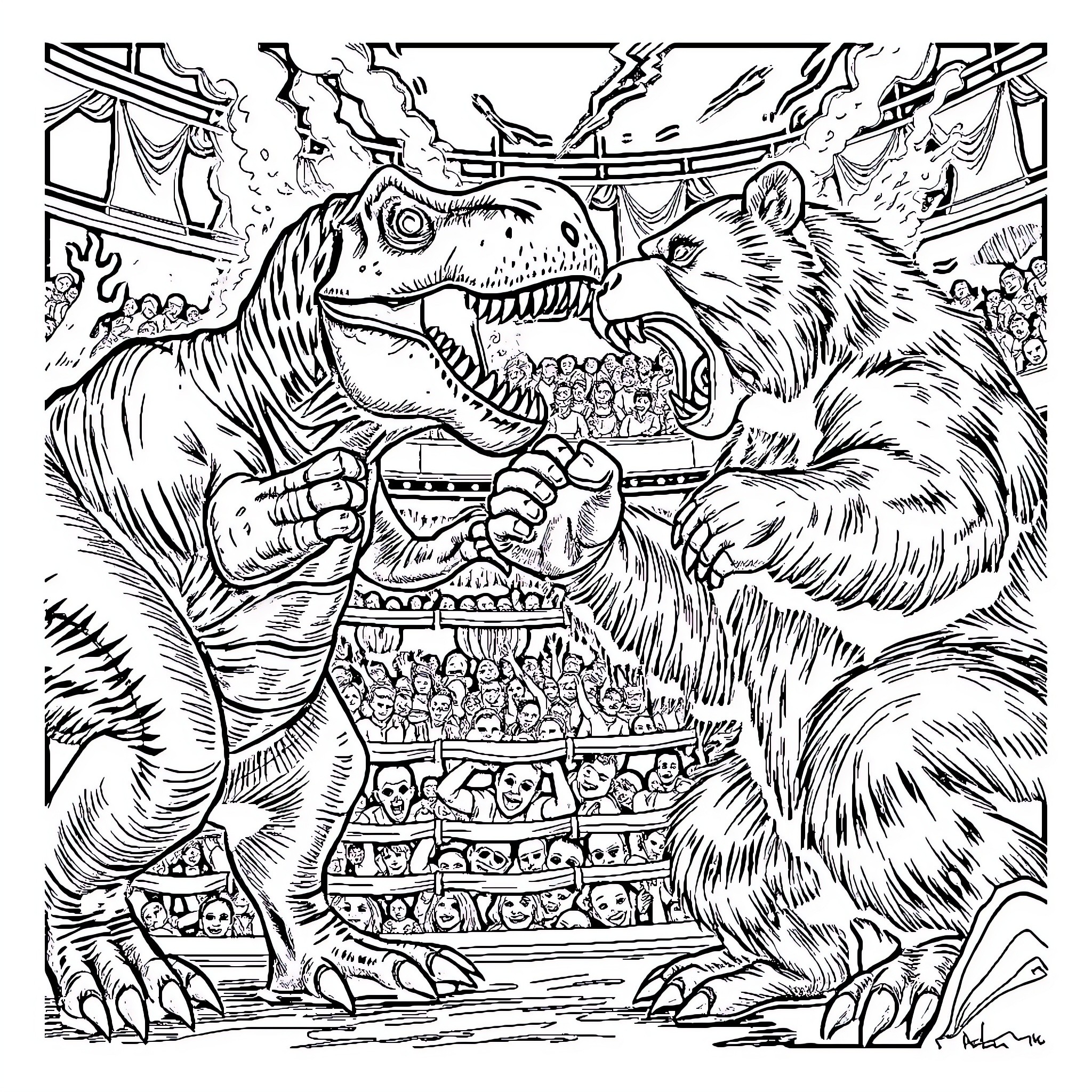 Tyrannosaurus Rex fighting a giant bear in a battle arena Coloring Page (free black-and-white line drawing printable PDF for all, from beginners to advanced learners, including children, teens, adults, and seniors)