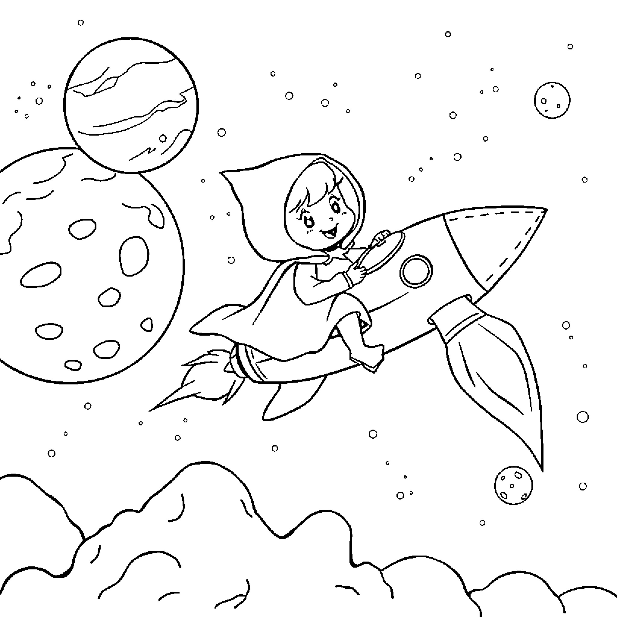 Little Red Riding Hood's Cosmic Adventure Coloring Page (free black-and-white line drawing printable PDF for all, from beginners to advanced learners, including children, teens, adults, and seniors)