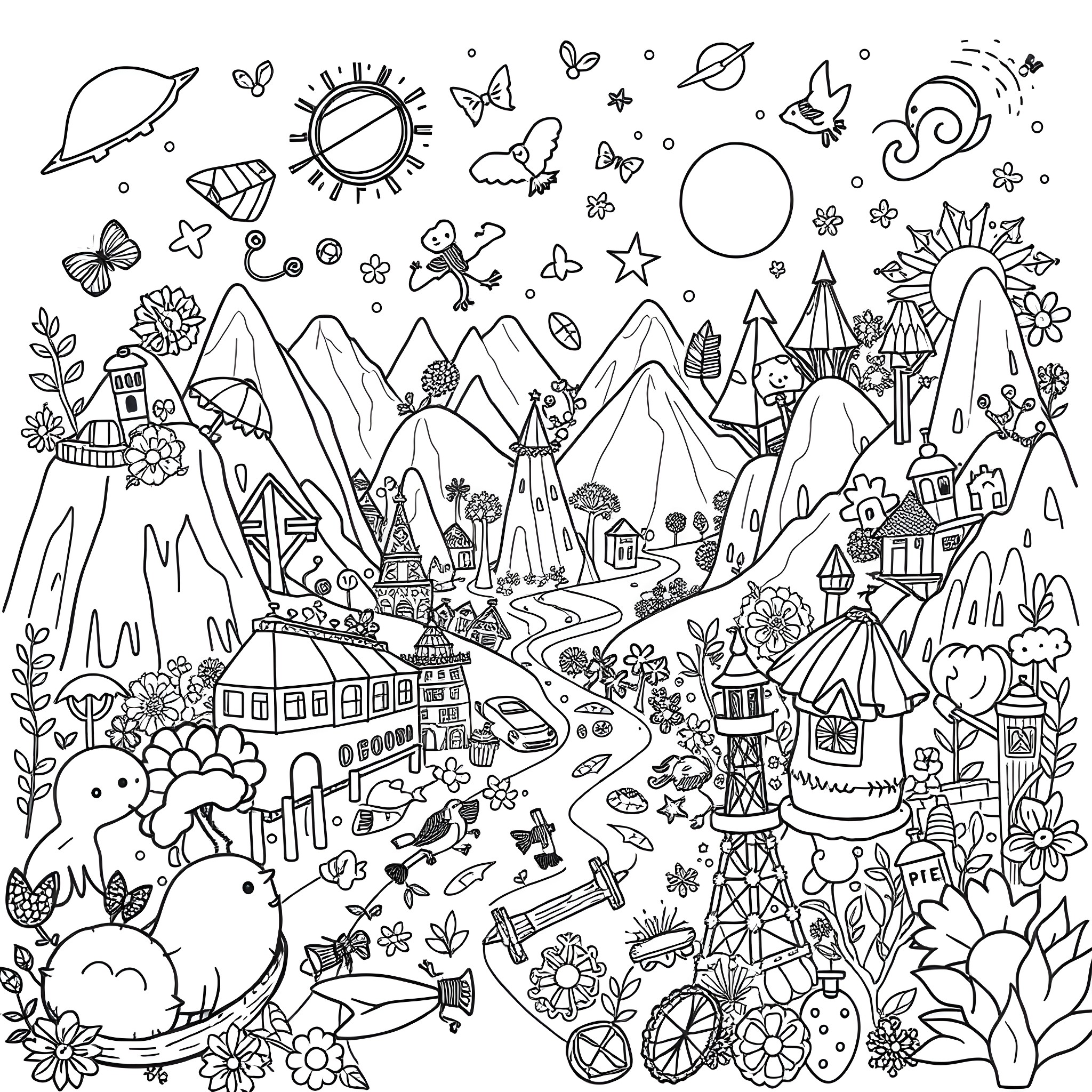 I-SPY a Whimsical Landscape with Diverse Elements Coloring Page (free black-and-white line drawing printable PDF for all, from beginners to advanced learners, including children, teens, adults, and seniors)