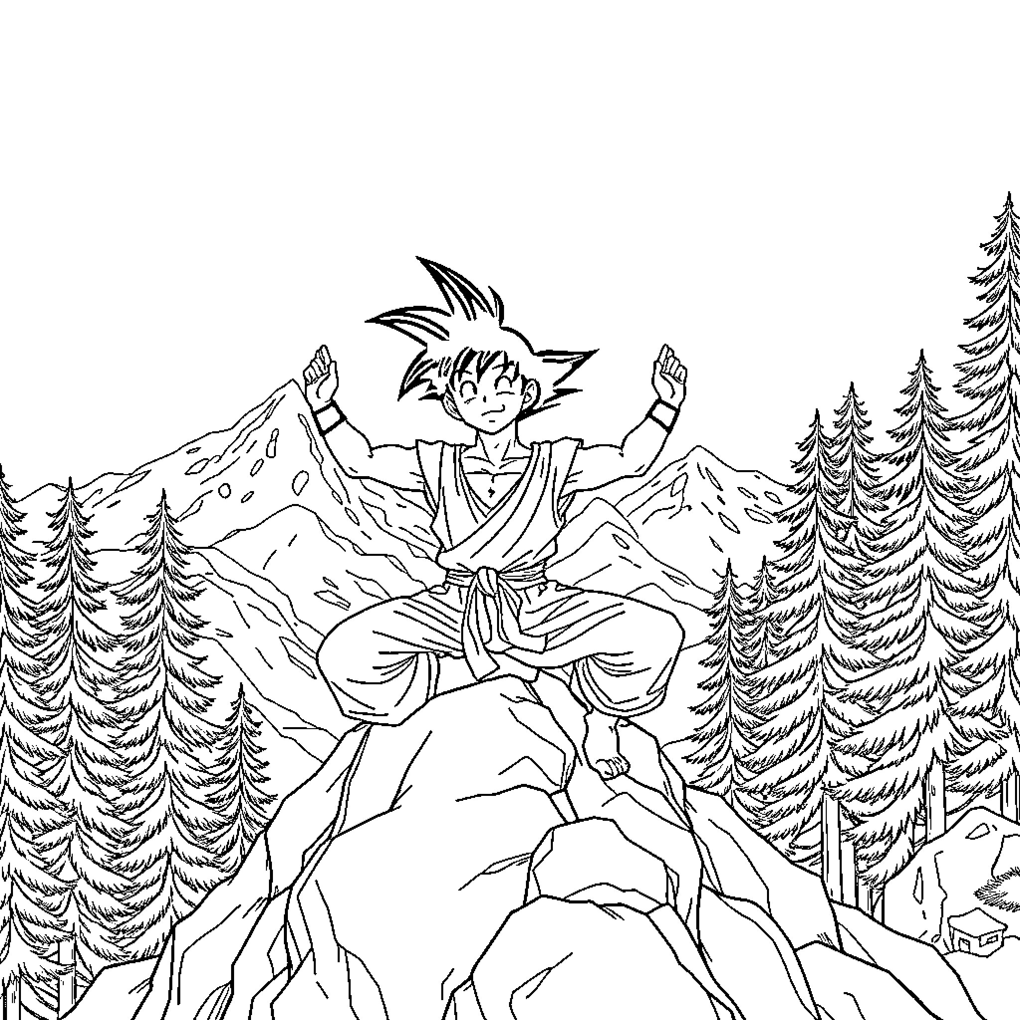 Son Goku Meditating on a Mountain Peak Coloring Page (free black-and-white line drawing printable PDF for all, from beginners to advanced learners, including children, teens, adults, and seniors)
