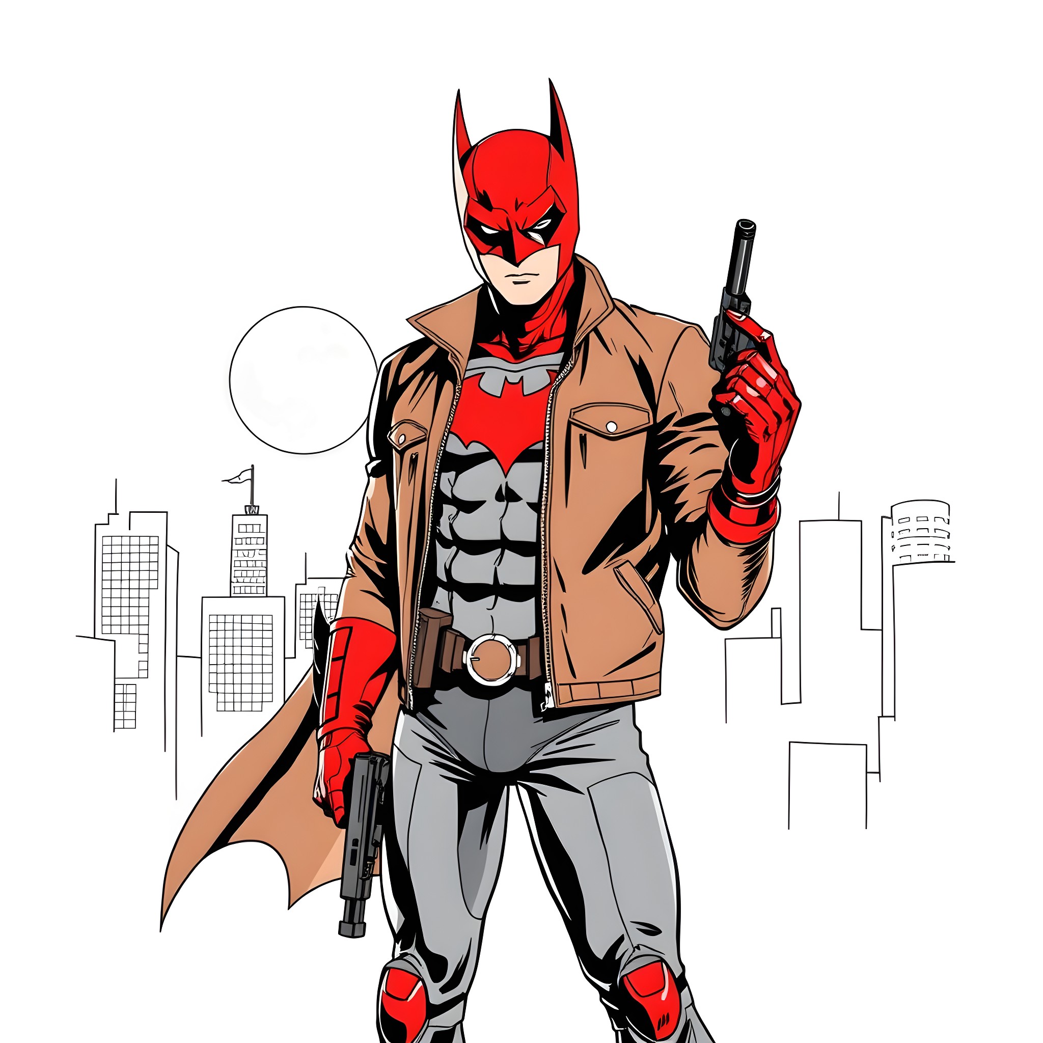 Red Hood's Vigilante Stance in the City Coloring Page (free black-and-white line drawing printable PDF for all, from beginners to advanced learners, including children, teens, adults, and seniors)