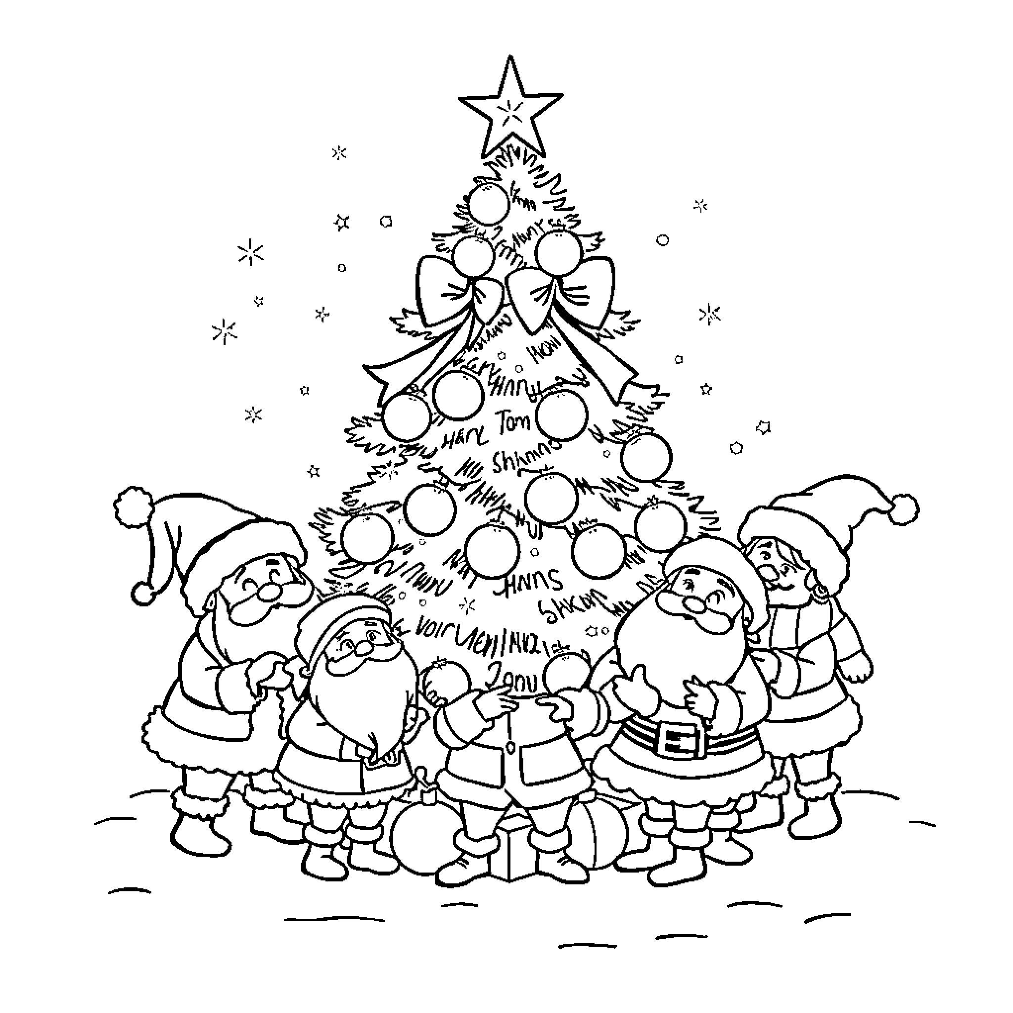 Dwarf gnomes decorating festive Christmas tree Coloring Page (free black-and-white line drawing printable PDF for all, from beginners to advanced learners, including children, teens, adults, and seniors)