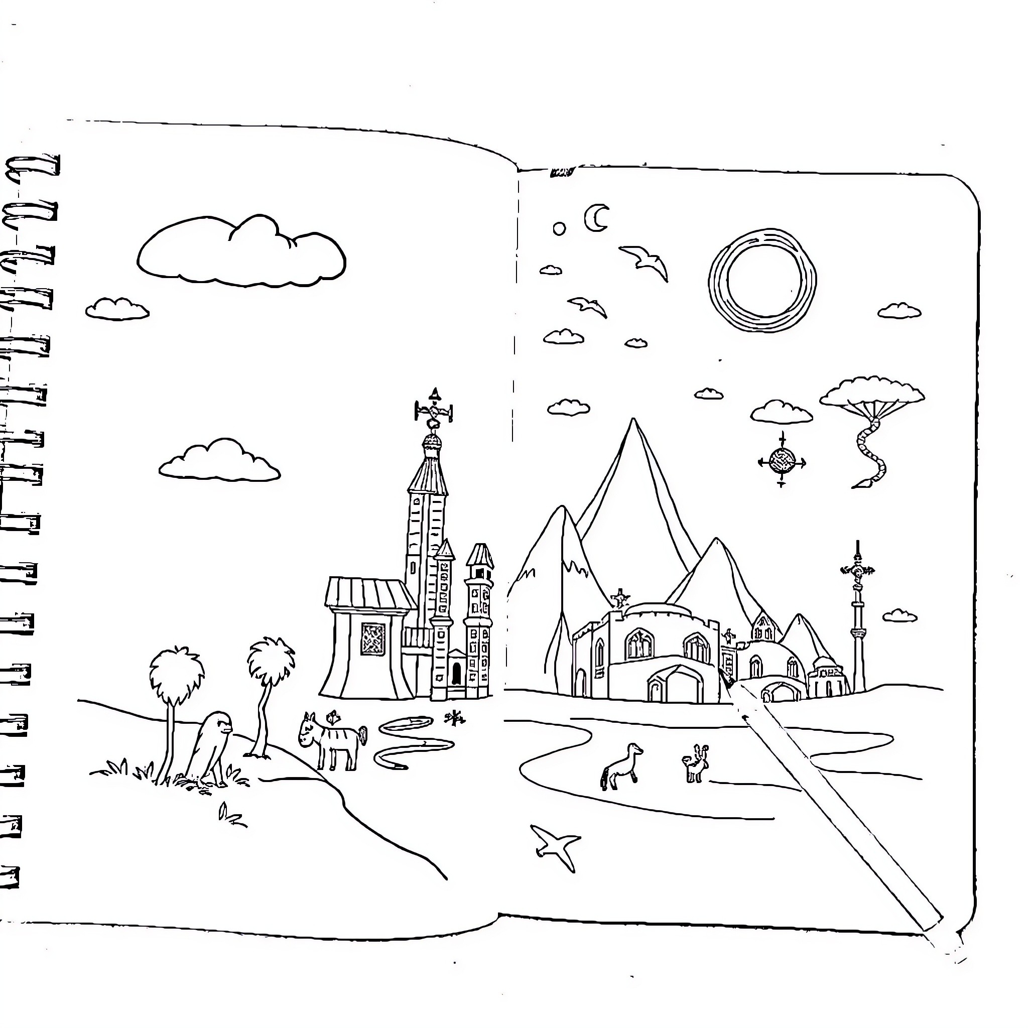 Notebook with Whimsical Landscape Illustration Coloring Page (free black-and-white line drawing printable PDF for all, from beginners to advanced learners, including children, teens, adults, and seniors)