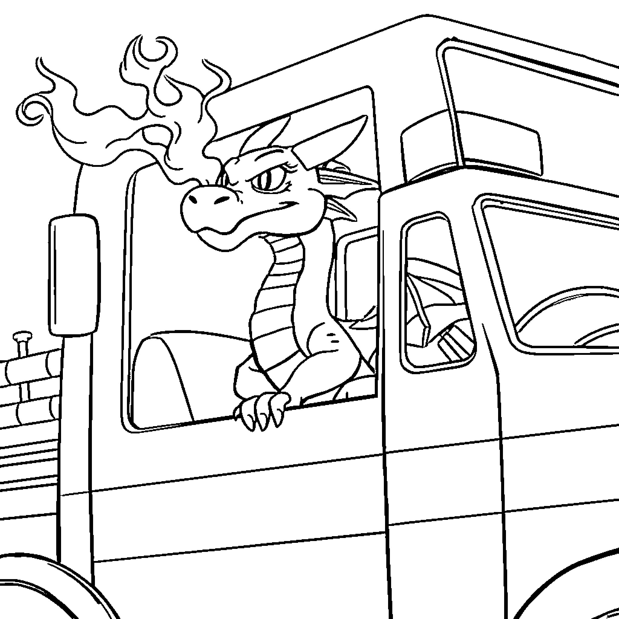 Dragon driving an angry bus Coloring Page (free black-and-white line drawing printable PDF for all, from beginners to advanced learners, including children, teens, adults, and seniors)