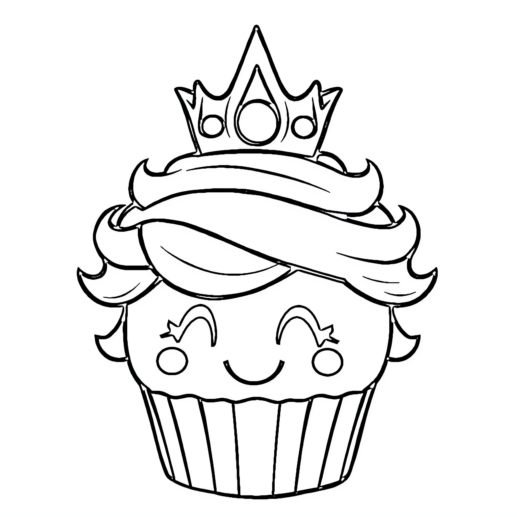 Princess Peach Cupcake with Crown and Smile Coloring Page (free black-and-white line drawing printable PDF for all, from beginners to advanced learners, including children, teens, adults, and seniors)