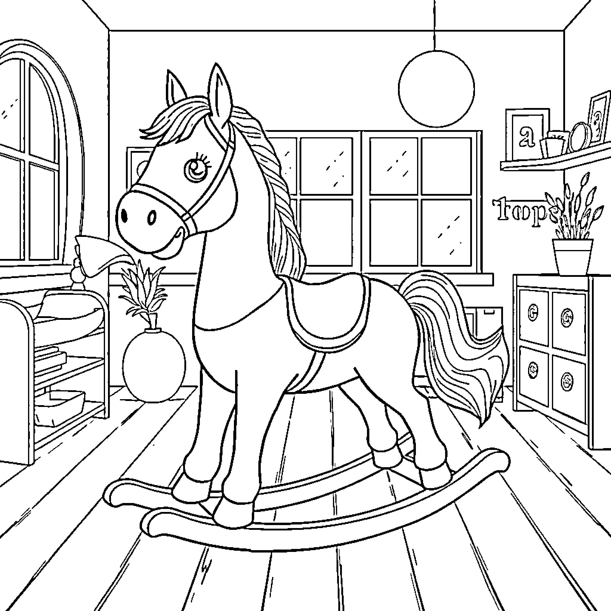 Rocking Horse in a Cozy Room Coloring Page (free black-and-white line drawing printable PDF for all, from beginners to advanced learners, including children, teens, adults, and seniors)