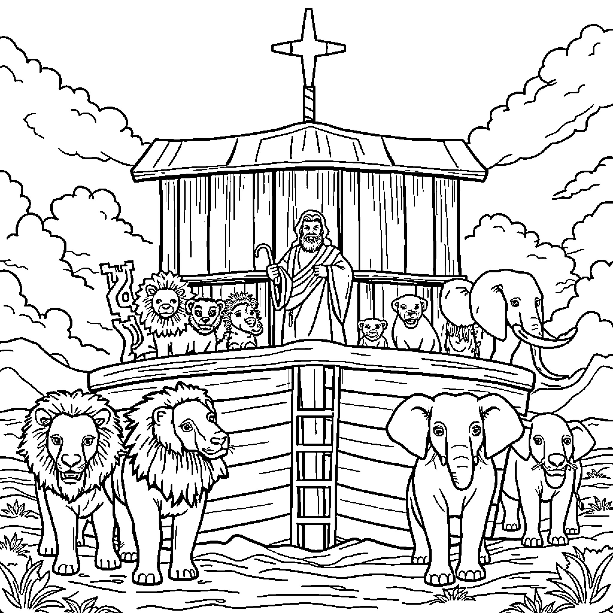 Noah's Ark Floating with Animals and People Coloring Page (free black-and-white line drawing printable PDF for all, from beginners to advanced learners, including children, teens, adults, and seniors)