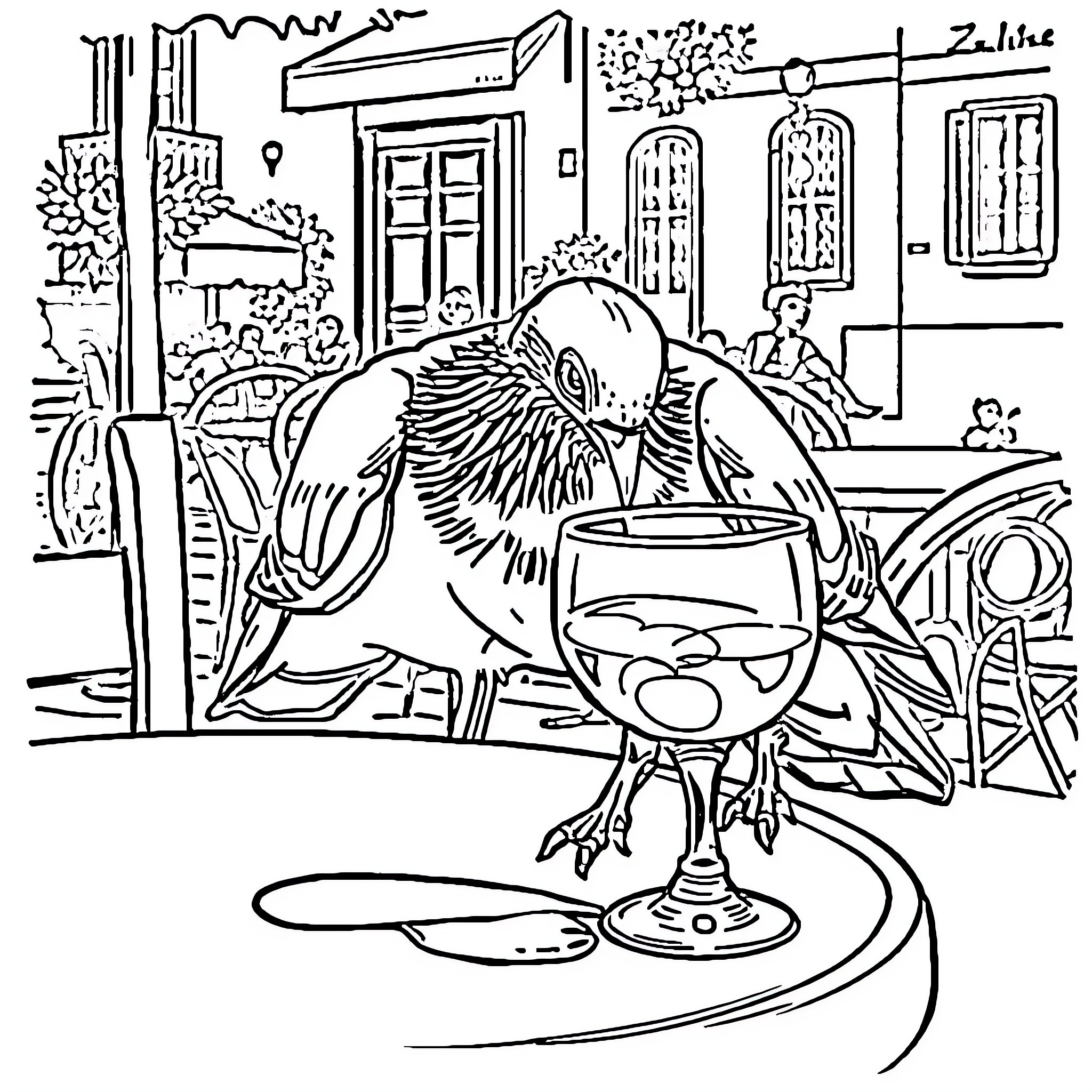 Pigeon enjoying a glass of wine on a cafe terrace Coloring Page (free black-and-white line drawing printable PDF for all, from beginners to advanced learners, including children, teens, adults, and seniors)