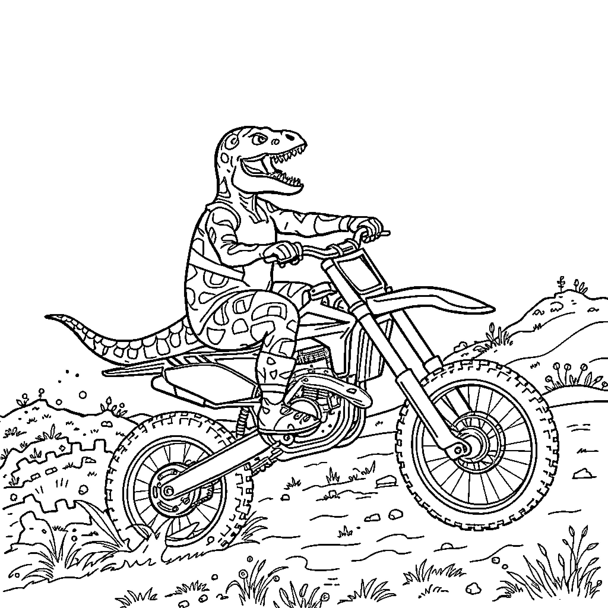 Dinosaur Riding Motorcycle on Rugged Terrain Coloring Page (free black-and-white line drawing printable PDF for all, from beginners to advanced learners, including children, teens, adults, and seniors)