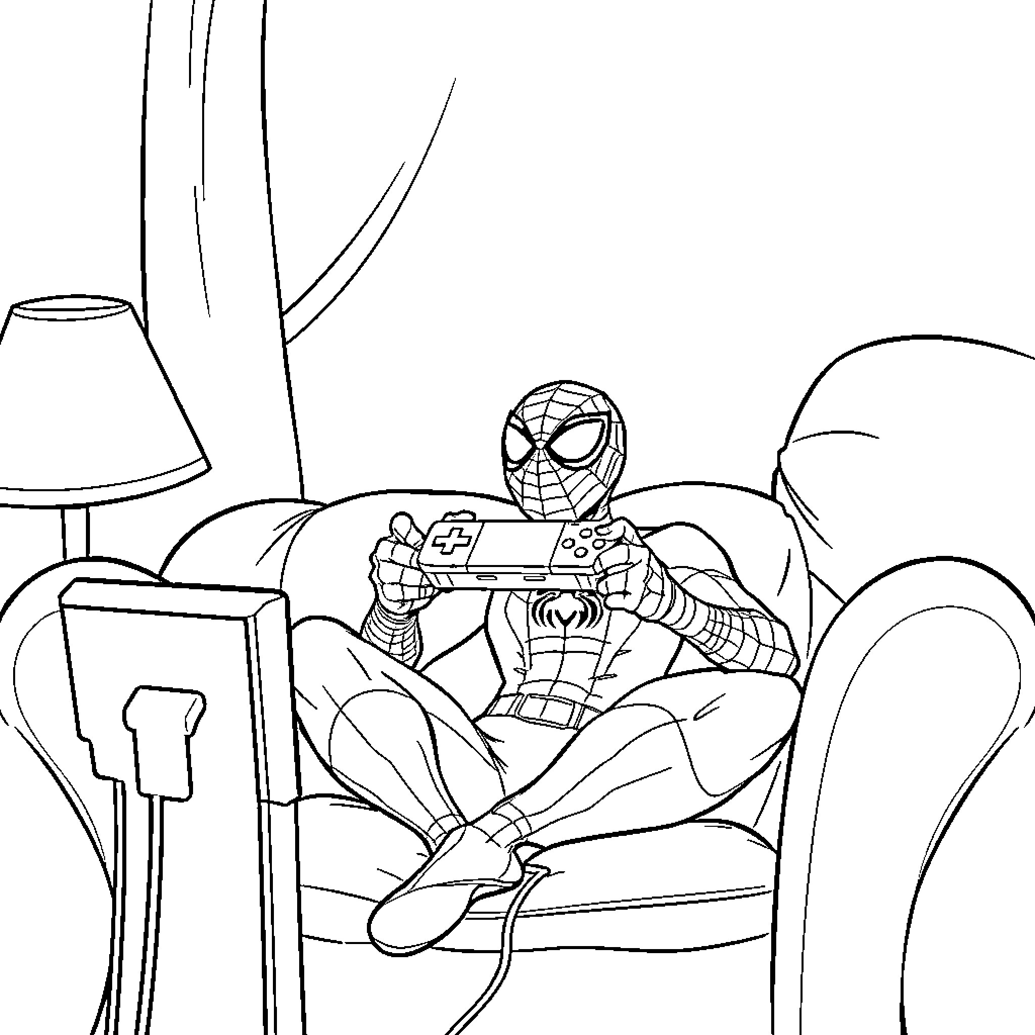 Spiderman relaxing and playing video games Coloring Page (free black-and-white line drawing printable PDF for all, from beginners to advanced learners, including children, teens, adults, and seniors)