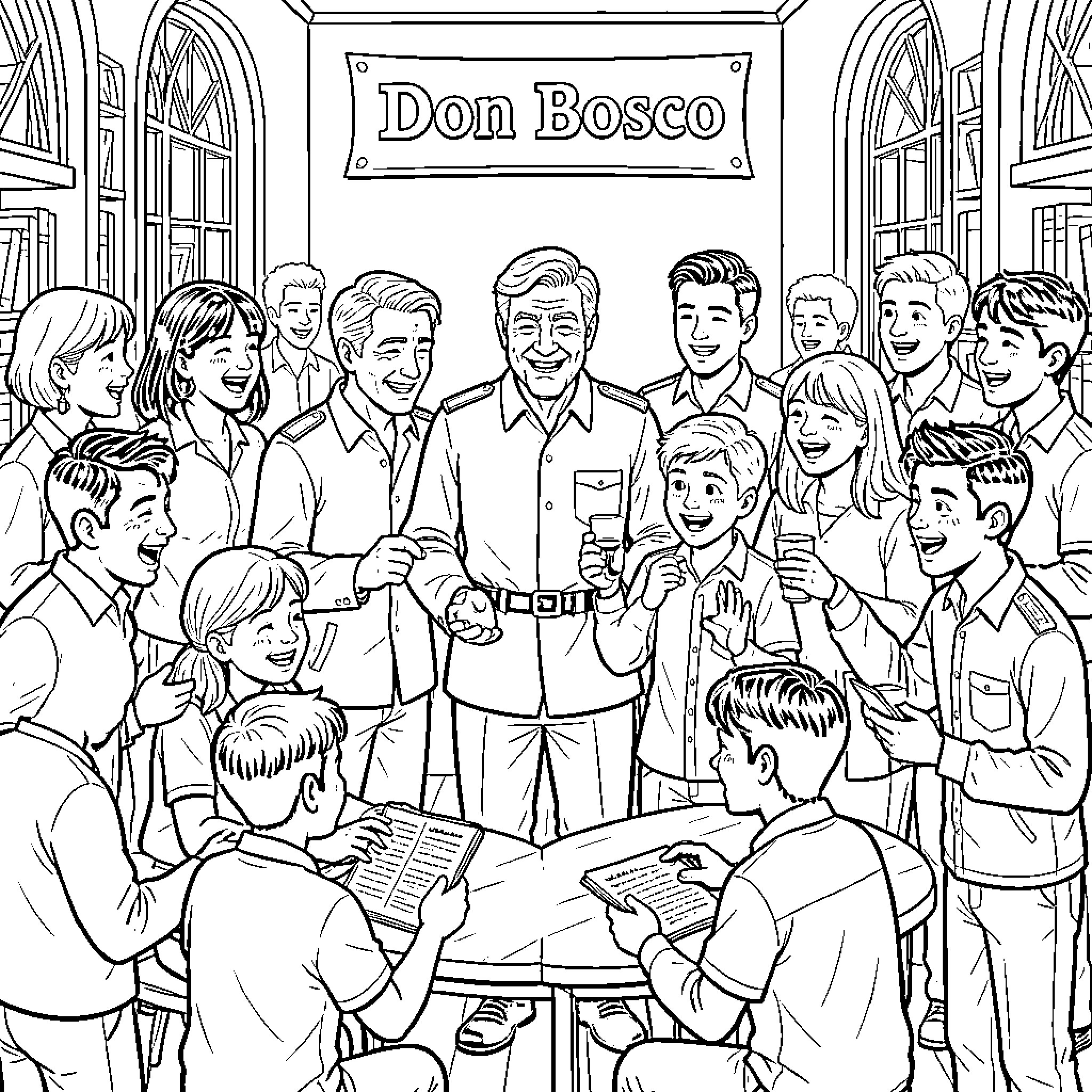 Don Bosco surrounded by smiling children in a joyful scene Coloring Page (free black-and-white line drawing printable PDF for all, from beginners to advanced learners, including children, teens, adults, and seniors)