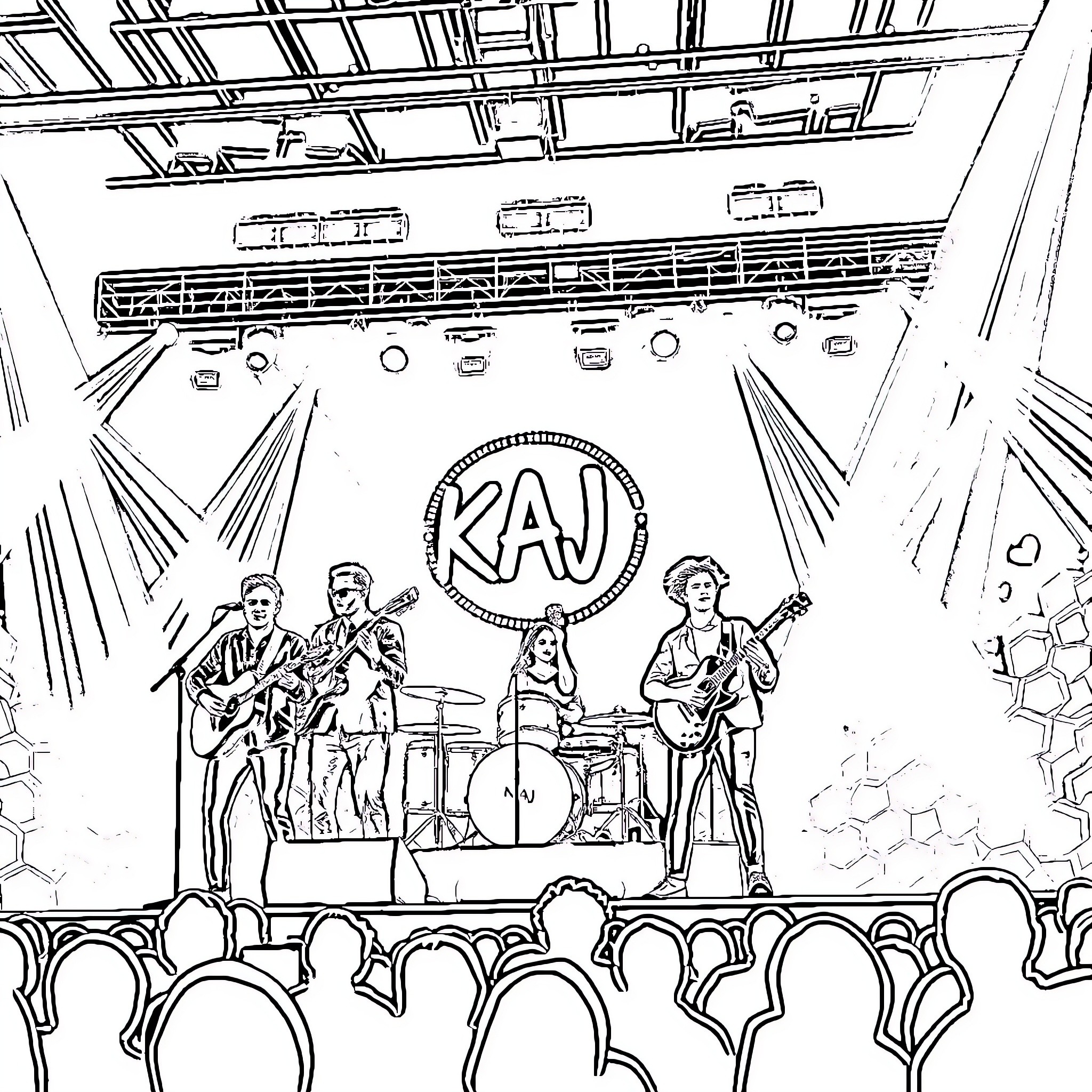Band performing on stage with musical instruments Coloring Page (free black-and-white line drawing printable PDF for all, from beginners to advanced learners, including children, teens, adults, and seniors)