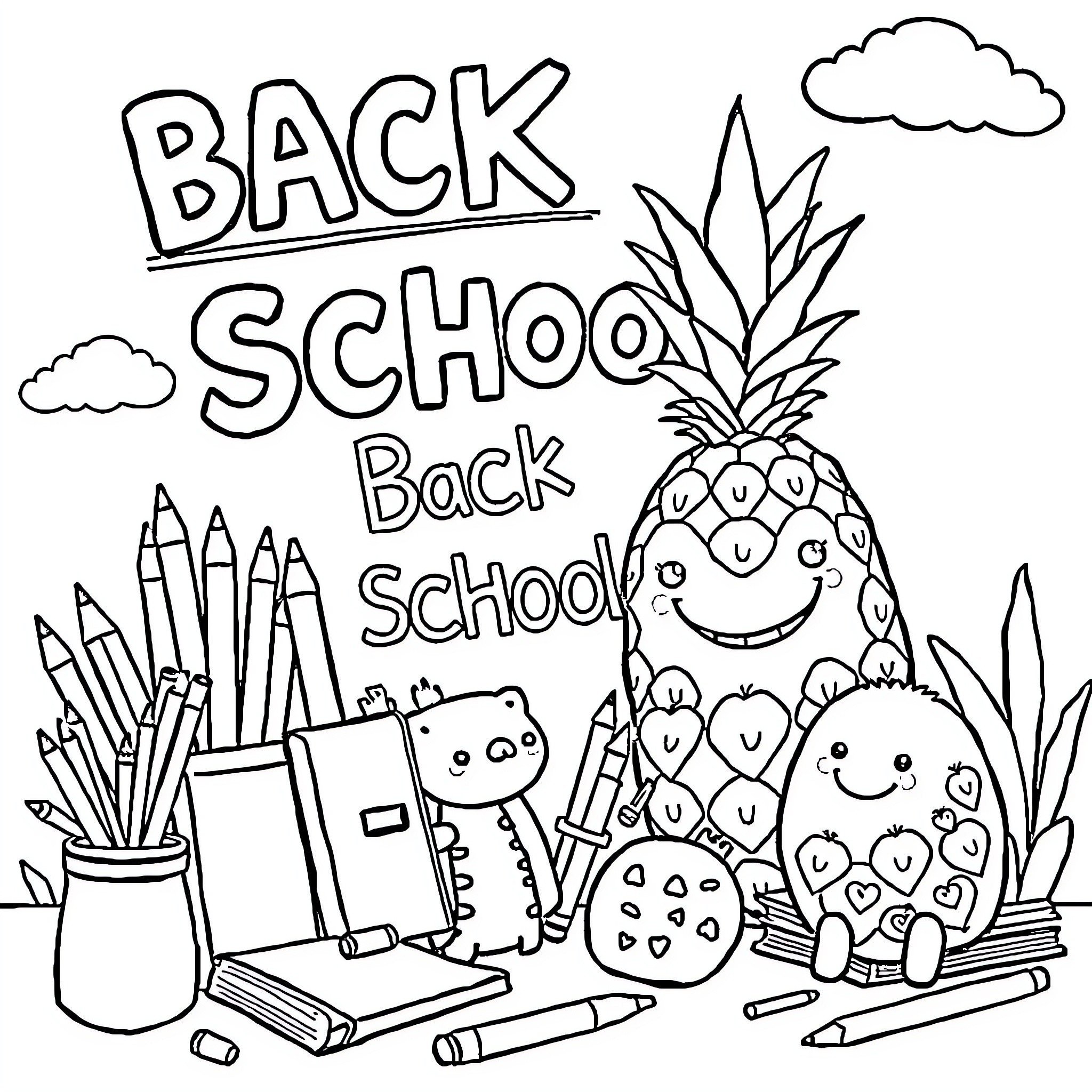 School Supplies and Pineapple Symbols for Back to School Coloring Page (free black-and-white line drawing printable PDF for all, from beginners to advanced learners, including children, teens, adults, and seniors)