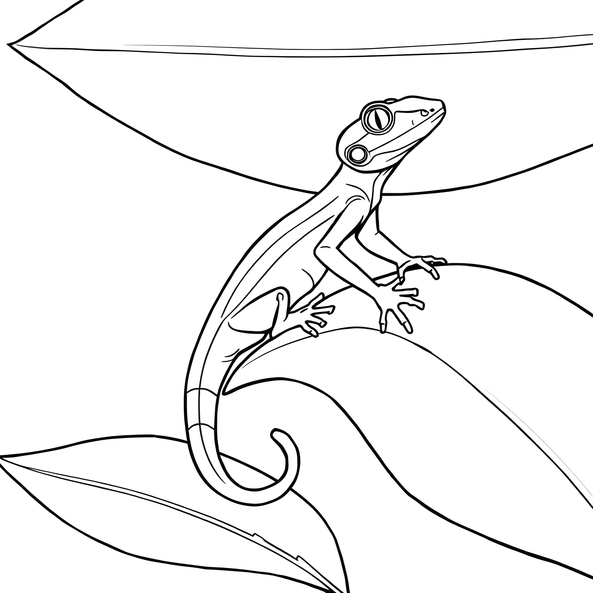 Emerald Tree Skink Perched on Leaf Coloring Page (free black-and-white line drawing printable PDF for all, from beginners to advanced learners, including children, teens, adults, and seniors)