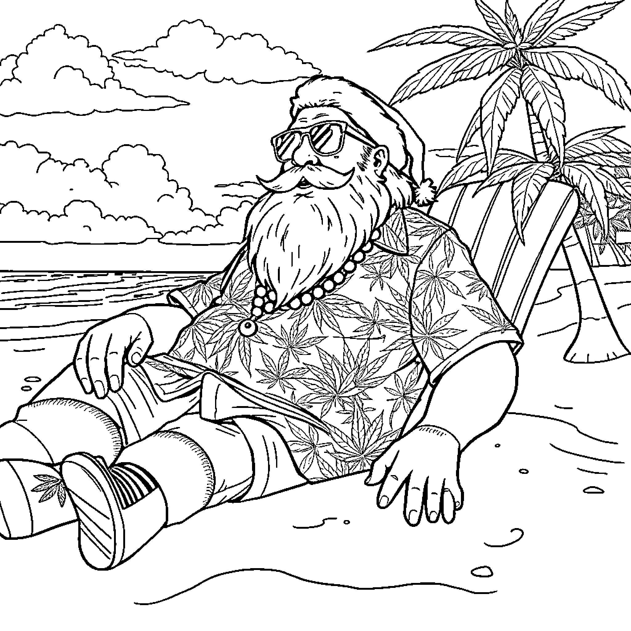 Santa Enjoying a Tropical Getaway Coloring Page (free black-and-white line drawing printable PDF for all, from beginners to advanced learners, including children, teens, adults, and seniors)