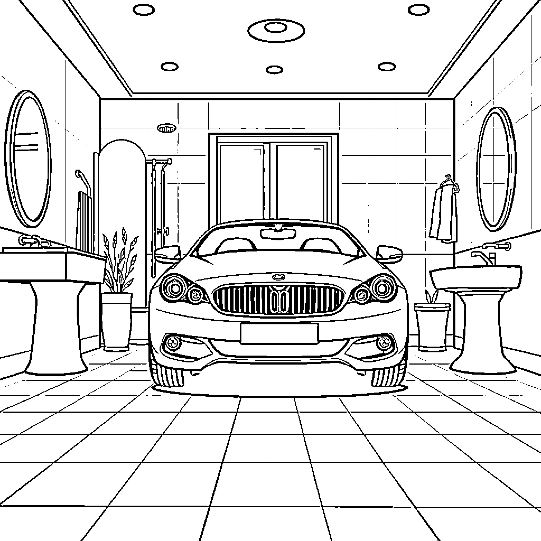 Car parked in luxurious bathroom interior Coloring Page (free black-and-white line drawing printable PDF for all, from beginners to advanced learners, including children, teens, adults, and seniors)