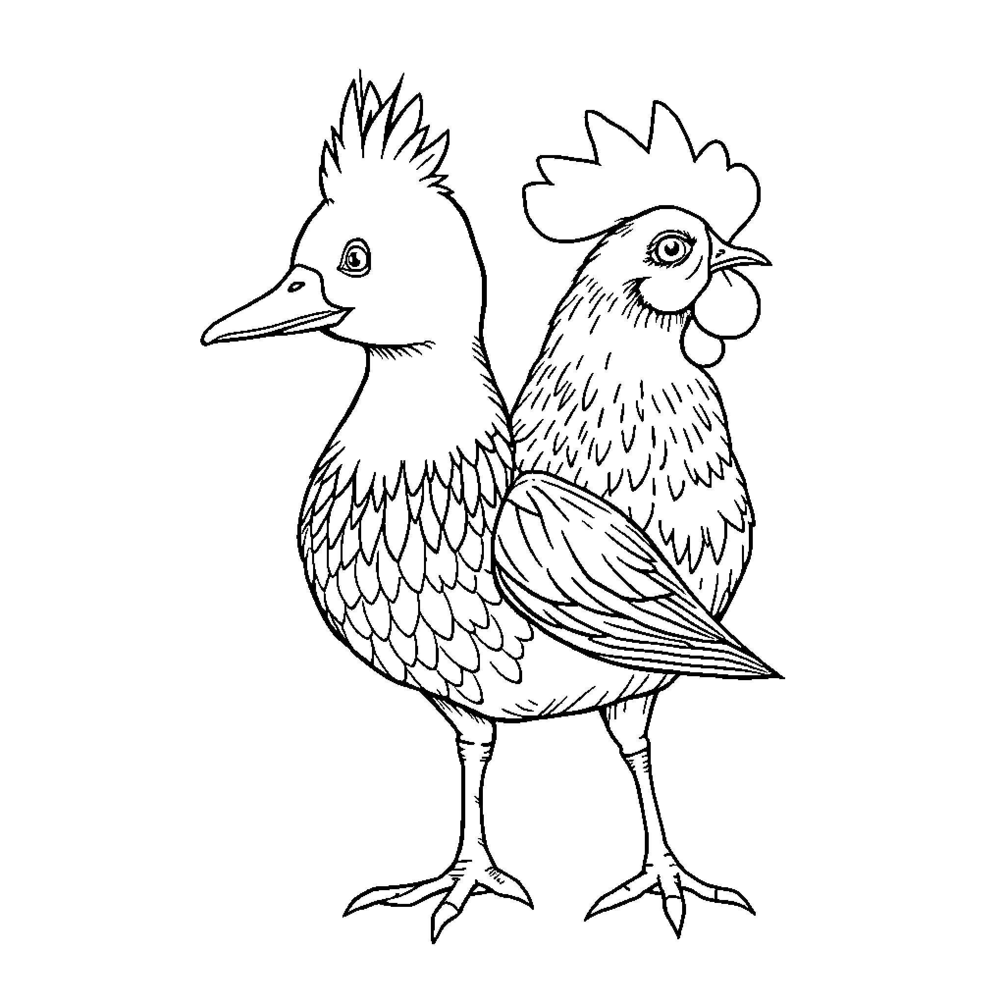 Bird companions standing together Coloring Page (free black-and-white line drawing printable PDF for all, from beginners to advanced learners, including children, teens, adults, and seniors)