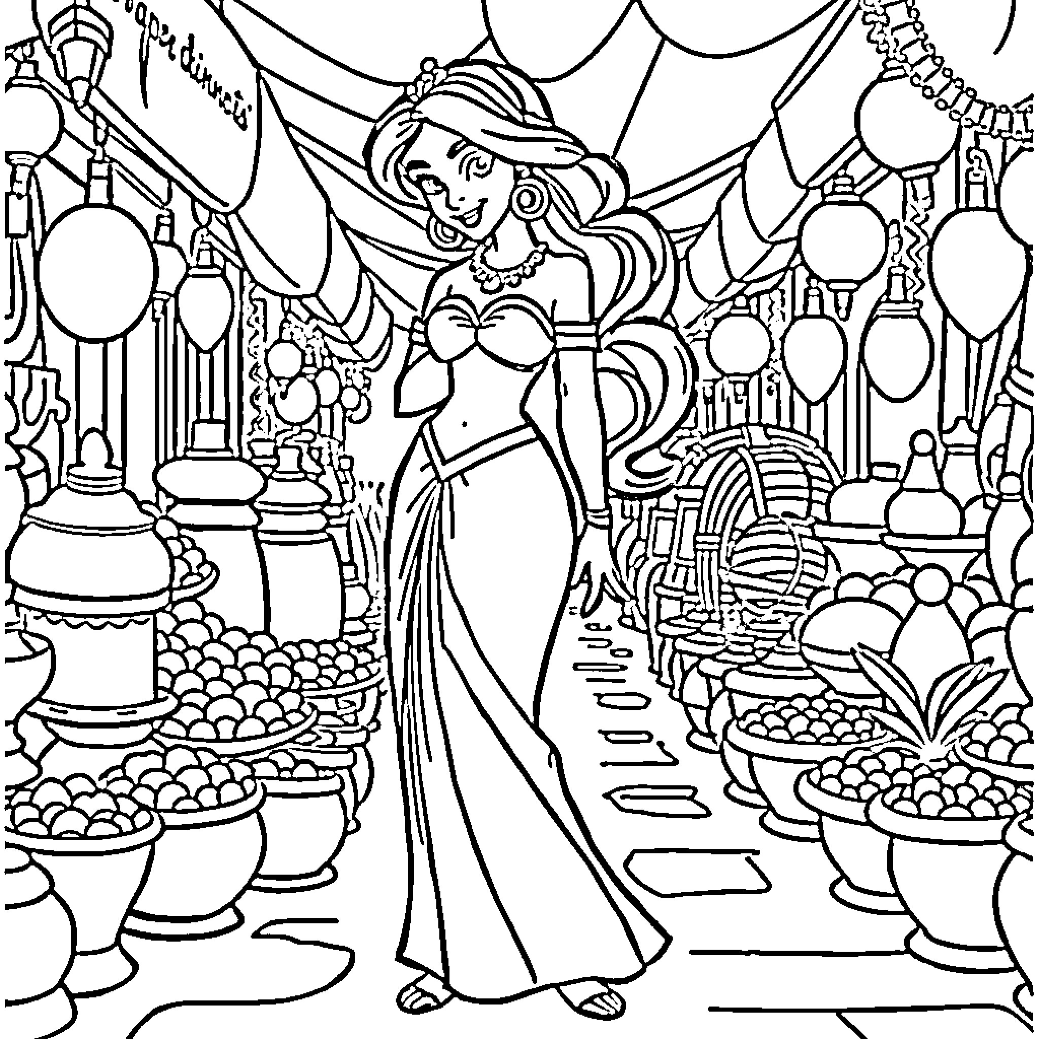 Jasmine in a Vibrant Marketplace Coloring Page (free black-and-white line drawing printable PDF for all, from beginners to advanced learners, including children, teens, adults, and seniors)
