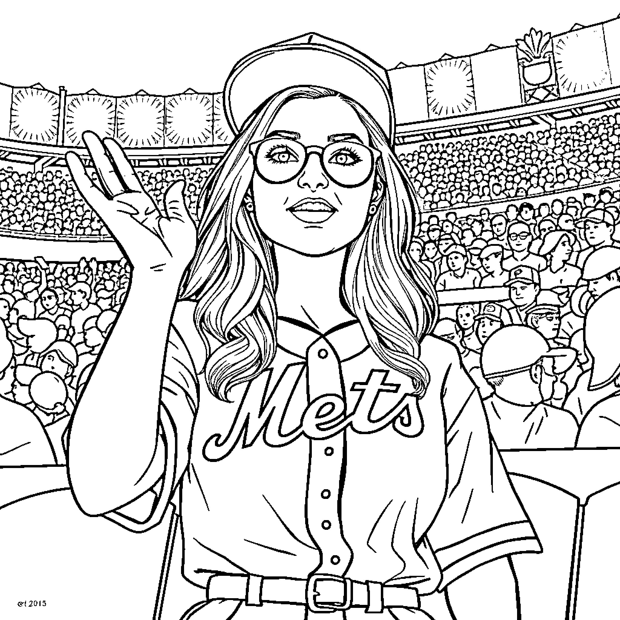 New York Mets Fan Cheering at a Game Coloring Page (free black-and-white line drawing printable PDF for all, from beginners to advanced learners, including children, teens, adults, and seniors)
