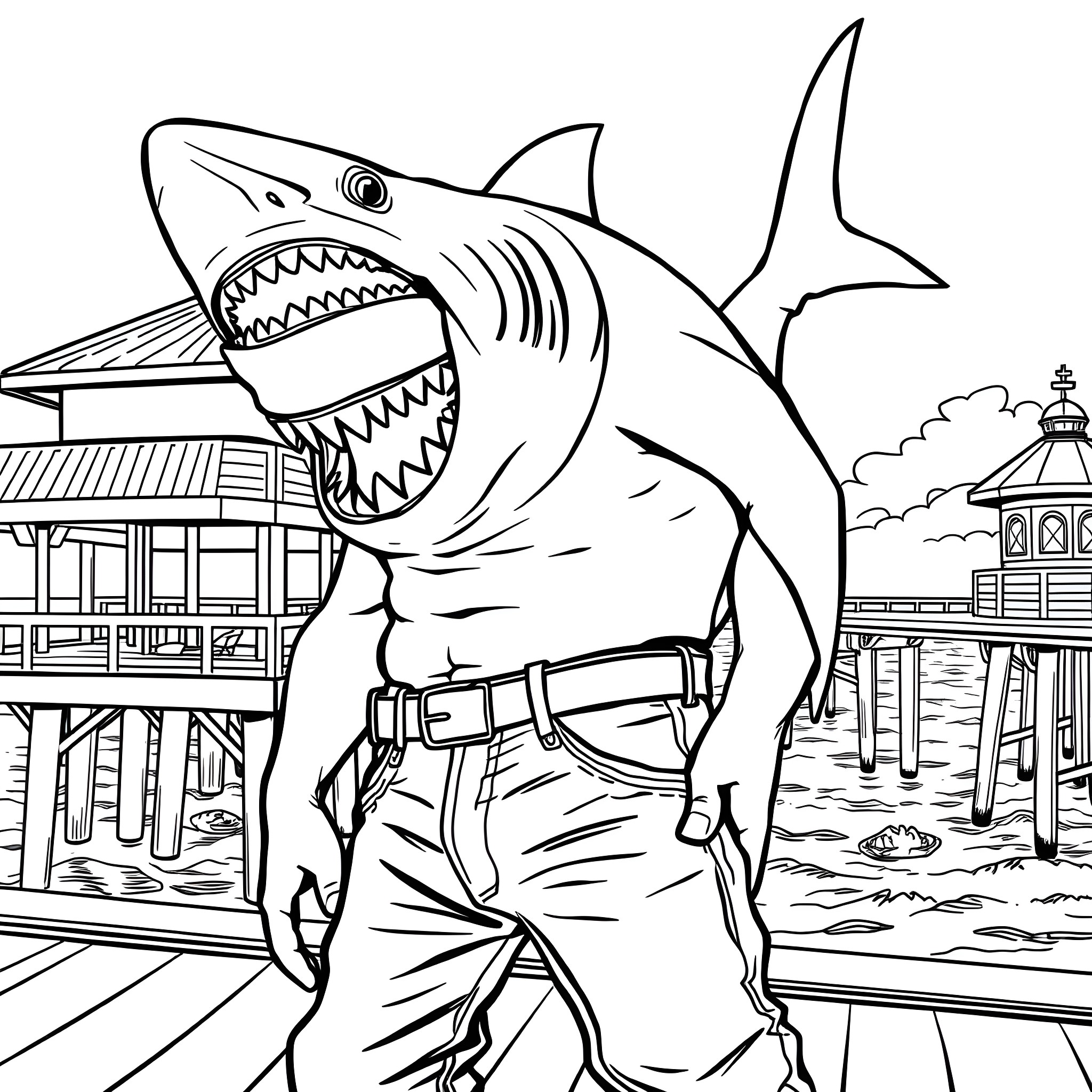 Shark attacking a coastal town Coloring Page (free black-and-white line drawing printable PDF for all, from beginners to advanced learners, including children, teens, adults, and seniors)