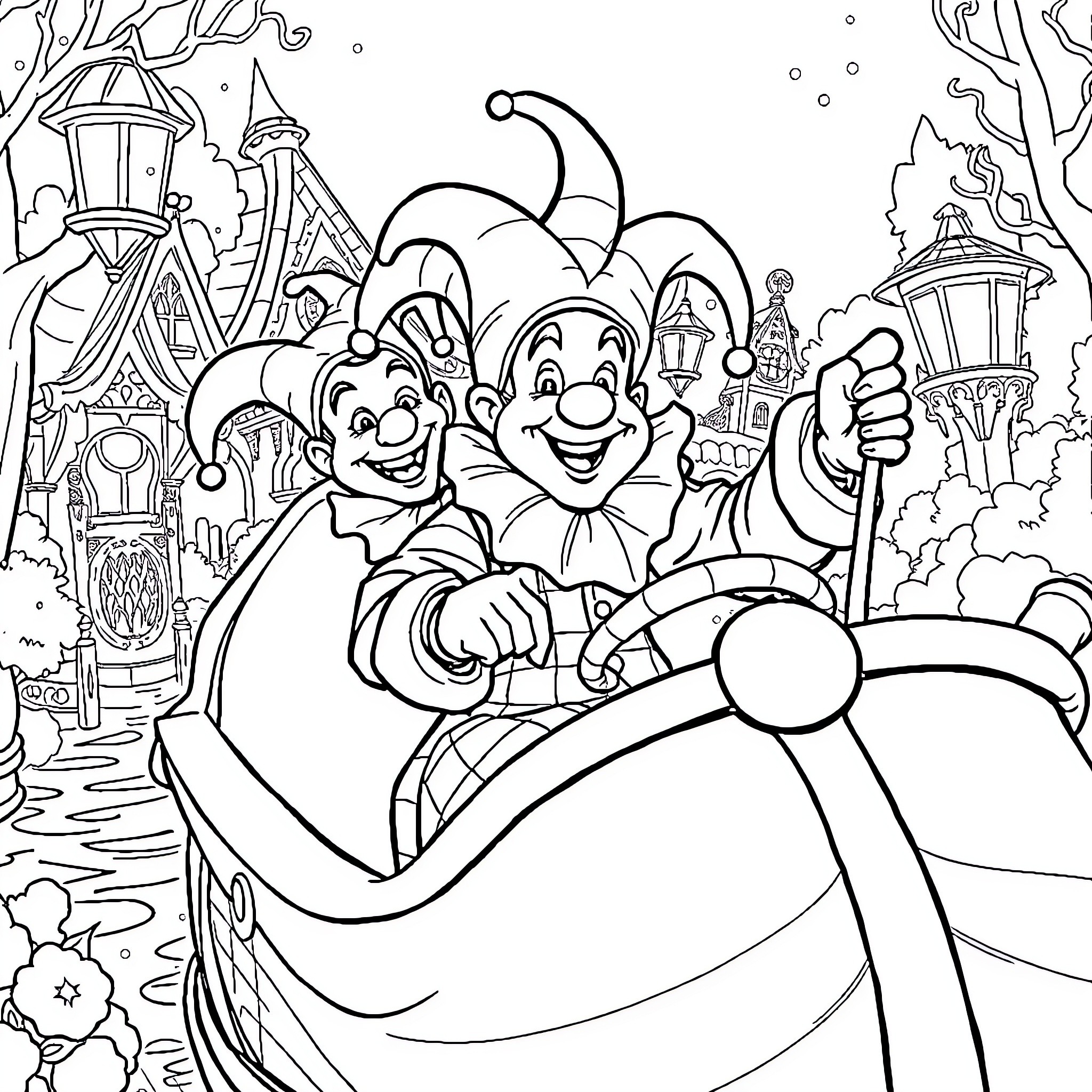 Pardoes Jester's Playful Adventure in a Whimsical World Coloring Page (free black-and-white line drawing printable PDF for all, from beginners to advanced learners, including children, teens, adults, and seniors)