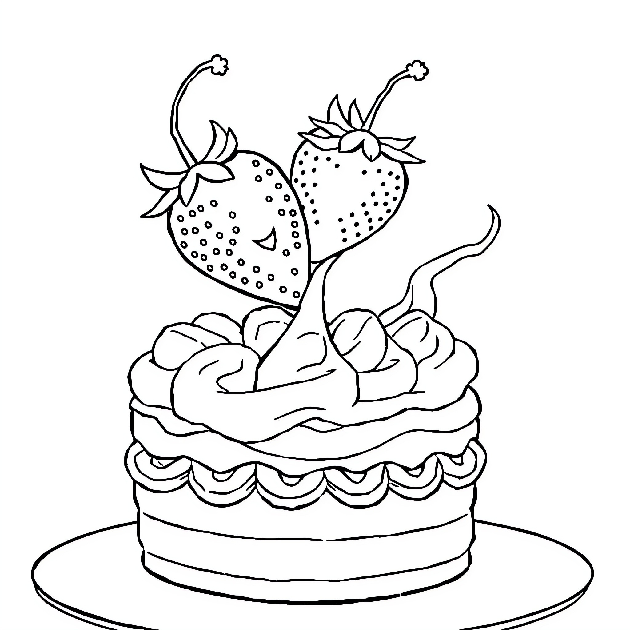 Frutilla Cake with Whimsical Strawberry Topping Coloring Page (free black-and-white line drawing printable PDF for all, from beginners to advanced learners, including children, teens, adults, and seniors)