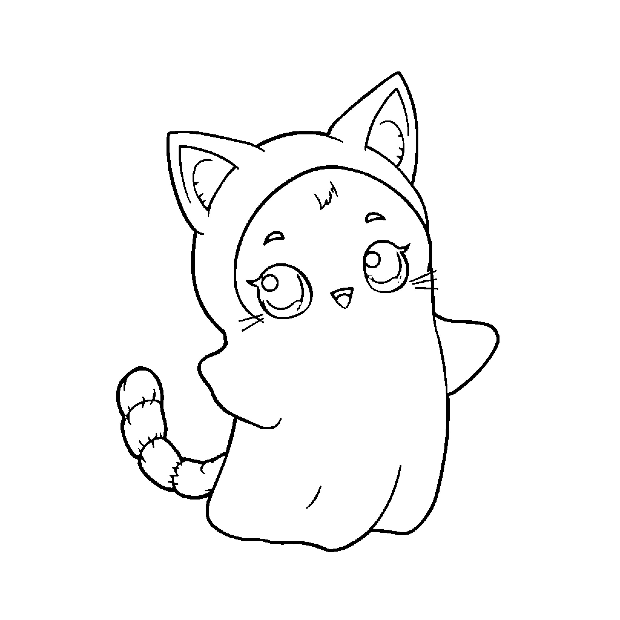 Ghost cat playing with a ball Coloring Page (free black-and-white line drawing printable PDF for all, from beginners to advanced learners, including children, teens, adults, and seniors)