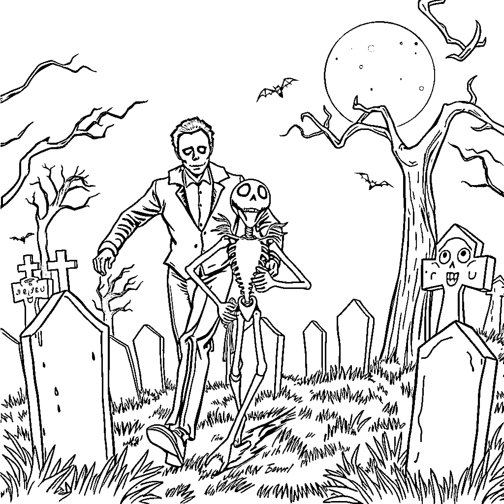 Michael Myers in Halloween Night Graveyard Scene Coloring Page (free black-and-white line drawing printable PDF for all, from beginners to advanced learners, including children, teens, adults, and seniors)