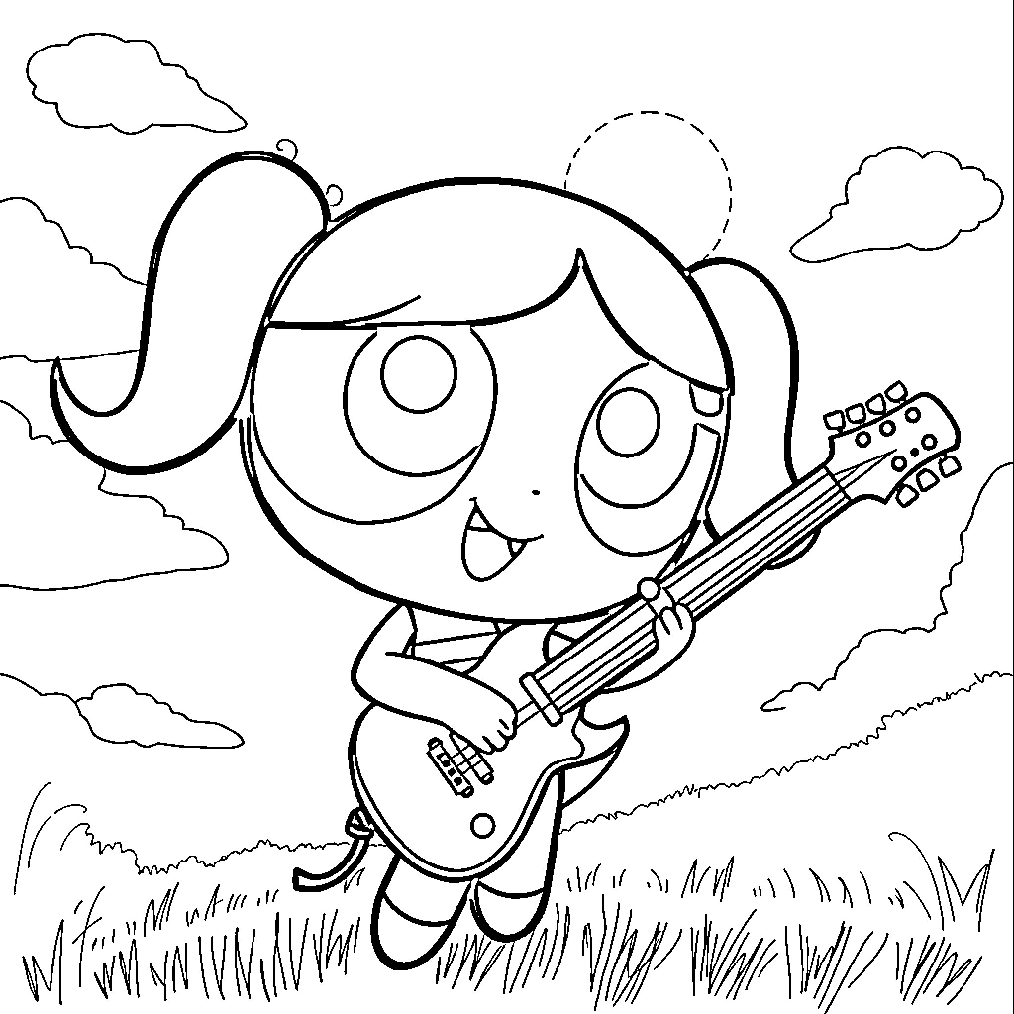Powerpuff Girl playing guitar in the field Coloring Page (free black-and-white line drawing printable PDF for all, from beginners to advanced learners, including children, teens, adults, and seniors)