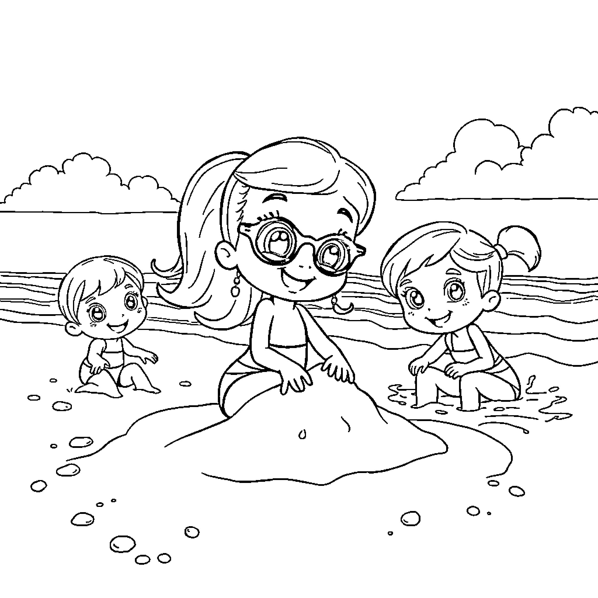 Bluey's family fun at the beach Coloring Page (free black-and-white line drawing printable PDF for all, from beginners to advanced learners, including children, teens, adults, and seniors)