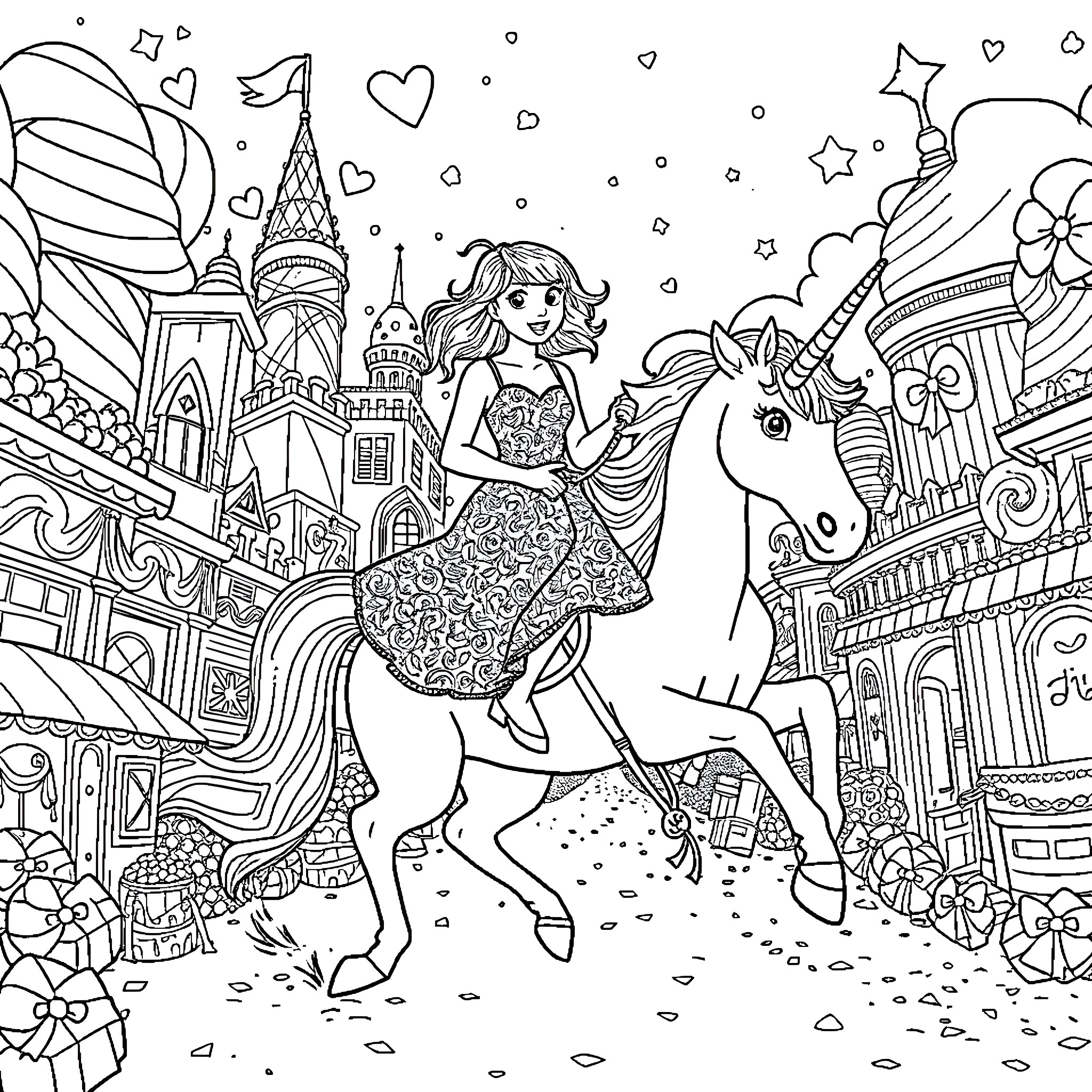 Unicorn Maiden Riding through Enchanted Dreamscape Coloring Page (free black-and-white line drawing printable PDF for all, from beginners to advanced learners, including children, teens, adults, and seniors)