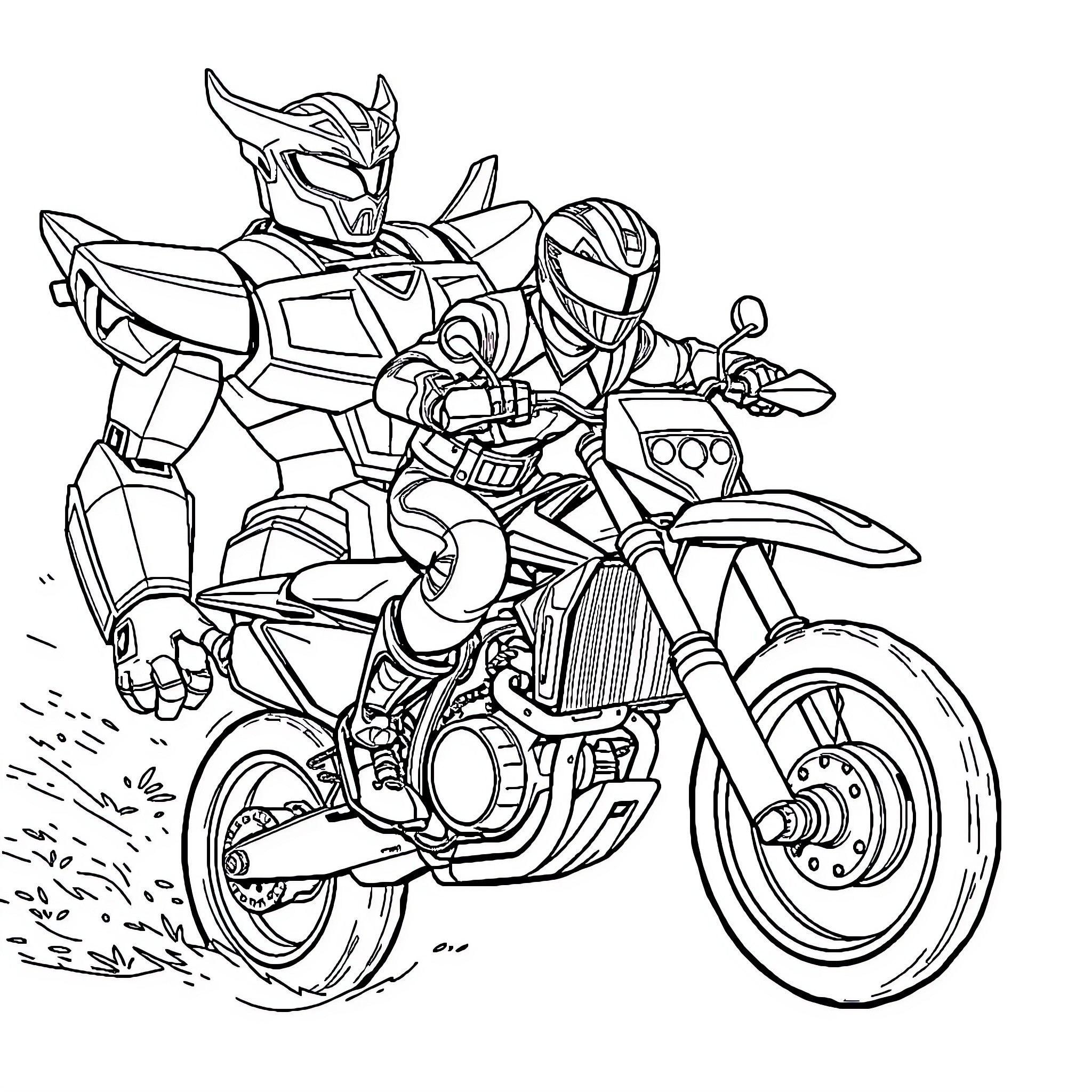 Power Ranger Duo Riding Motorcycle in Action Coloring Page (free black-and-white line drawing printable PDF for all, from beginners to advanced learners, including children, teens, adults, and seniors)