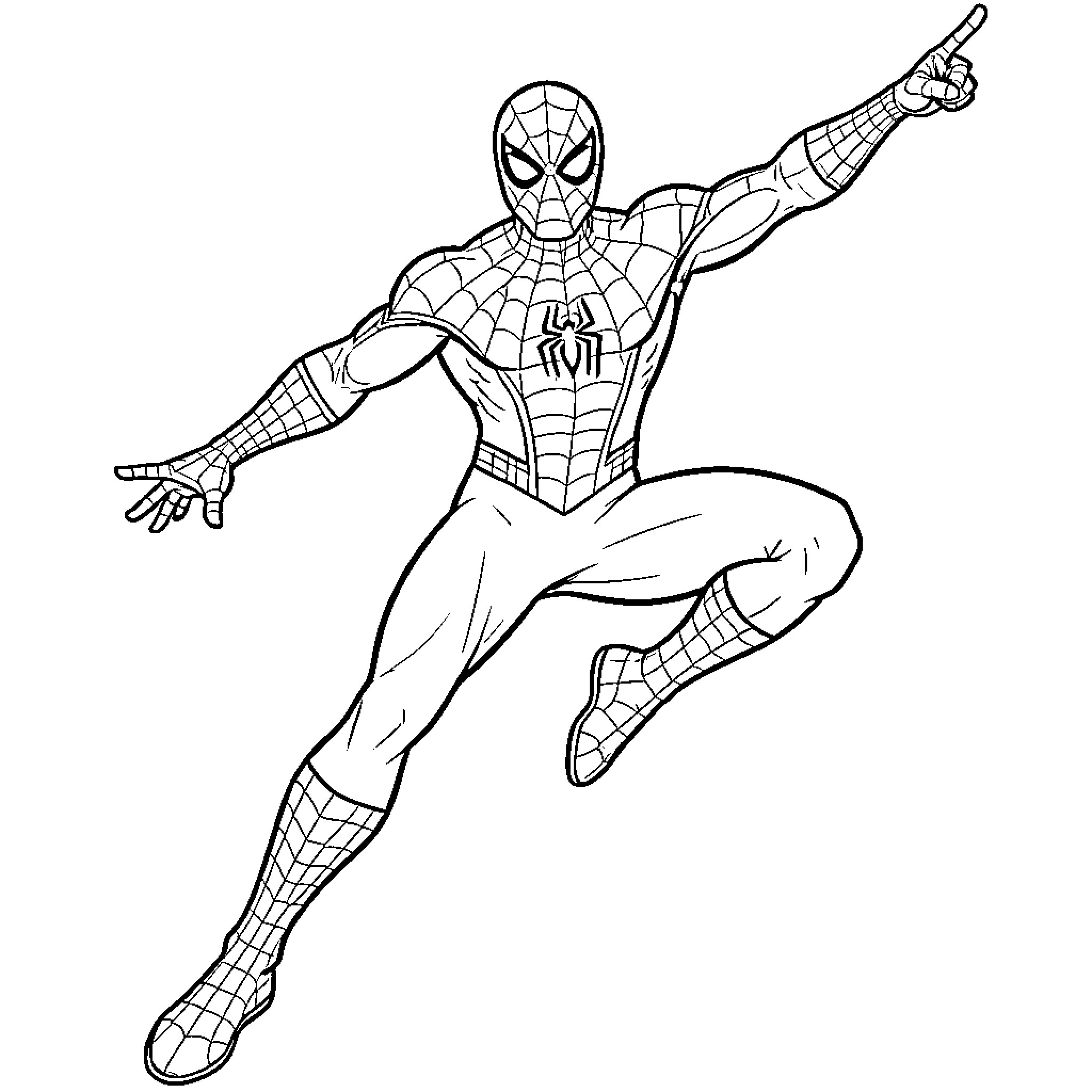Spiderman in a dynamic leaping action pose Coloring Page (free black-and-white line drawing printable PDF for all, from beginners to advanced learners, including children, teens, adults, and seniors)