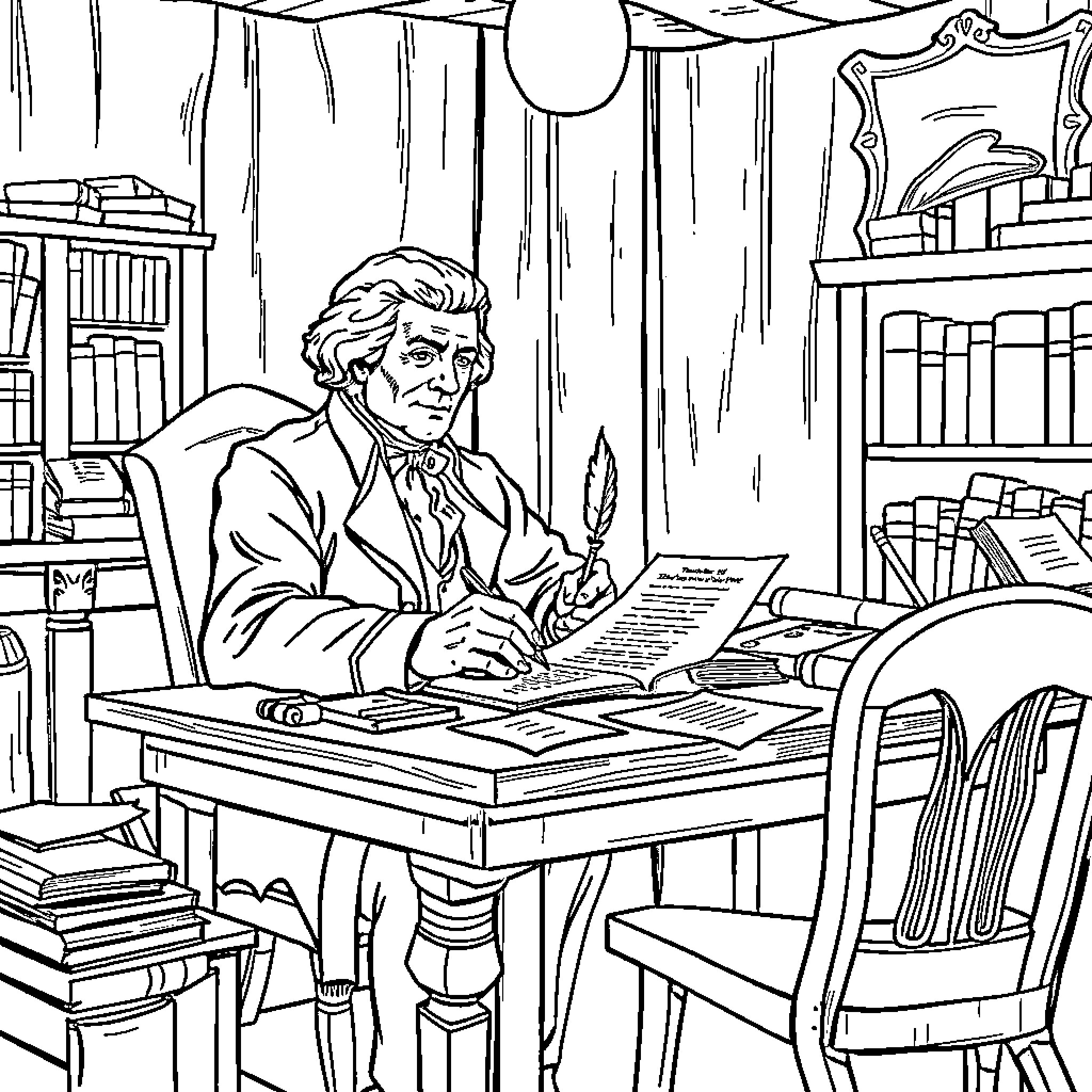 Thomas Jefferson Diligently Writing in His Study Coloring Page (free black-and-white line drawing printable PDF for all, from beginners to advanced learners, including children, teens, adults, and seniors)