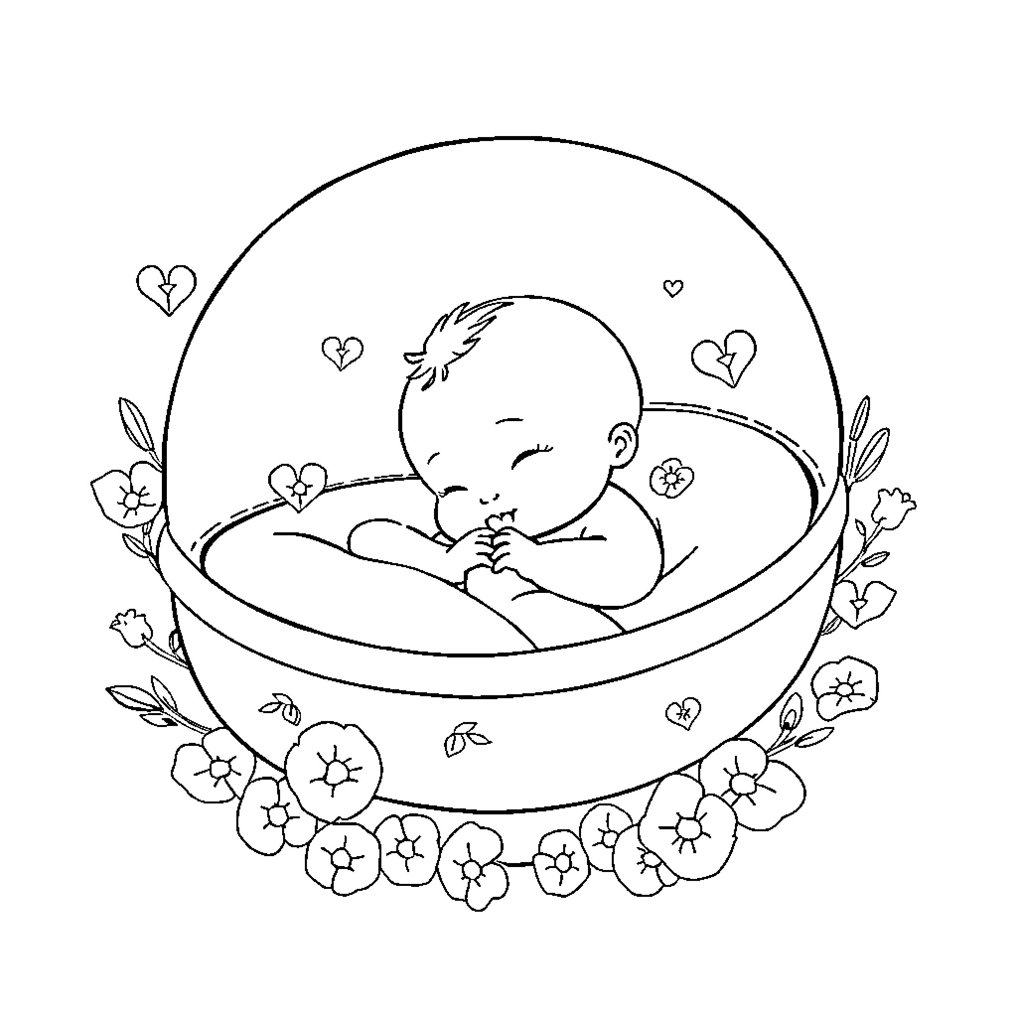 Bebe sleeping peacefully in a floral basket Coloring Page (free black-and-white line drawing printable PDF for all, from beginners to advanced learners, including children, teens, adults, and seniors)